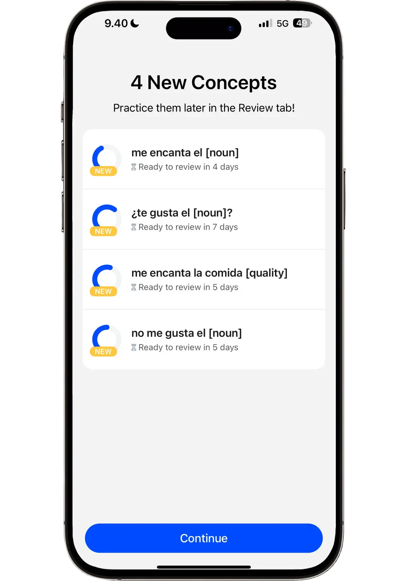 Speak app screen displaying "4 New Concepts" added after completing a lesson, including "me encanta el [noun]," "¿te gusta el [noun]?," "me encanta la comida [quality]," and "no me gusta el [noun]," each marked as ready for review in 4 to 7 days.