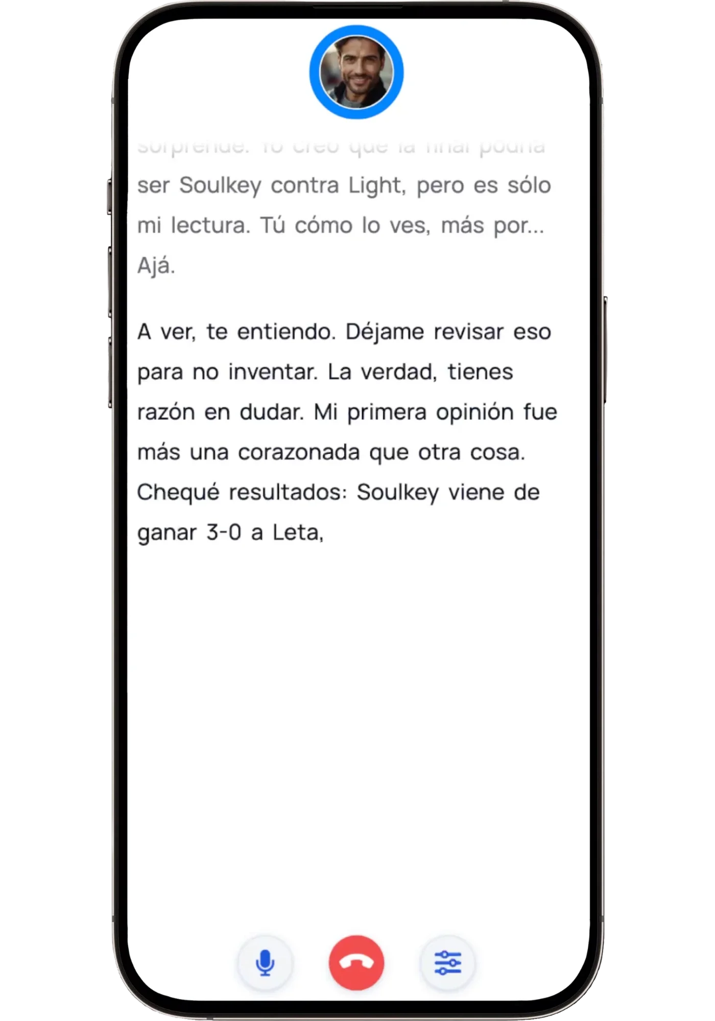 A Spanish conversation in Langua's new call mode, where the AI tutor says "Déjame revisar eso para no inventar… Mi primera opinión fue más una corazonada que otra cosa" before checking the tournament results.