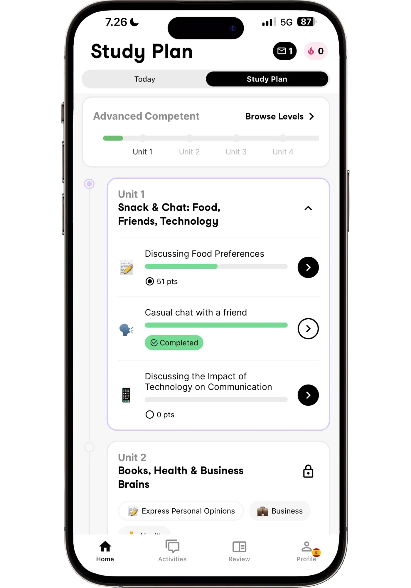 Univerbal’s Study Plan at the Advanced Competent level: Unit 1, “Snack & Chat: Food, Friends, Technology,” with three missions, one completed and one in progress, and Unit 2 locked until you finish.