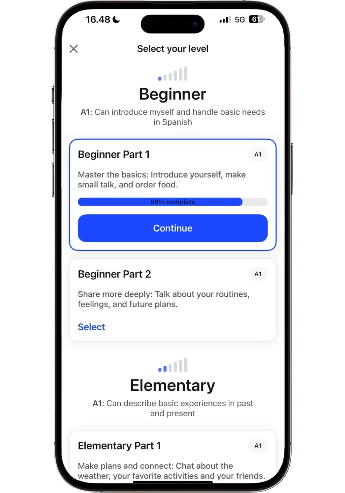 Speak beginner Spanish path showing Beginner Part 1 at 86 percent complete, with Beginner Part 2 and Elementary levels below — a clear structured progression for new learners