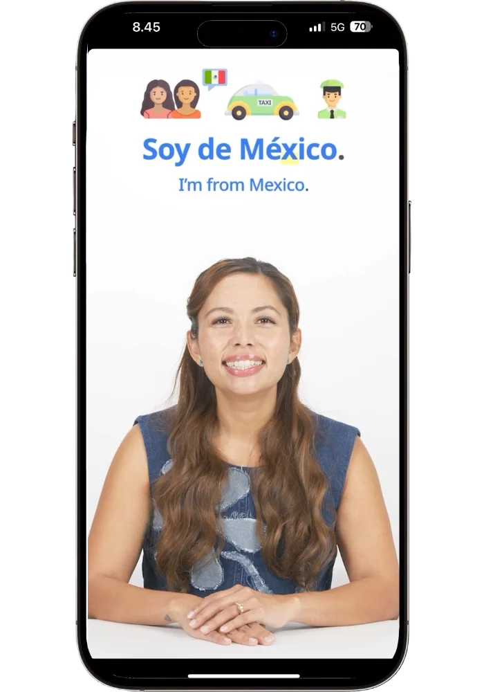 Speak app lesson interface showing a native Spanish host teaching the phrase "Soy de México" with English translation below