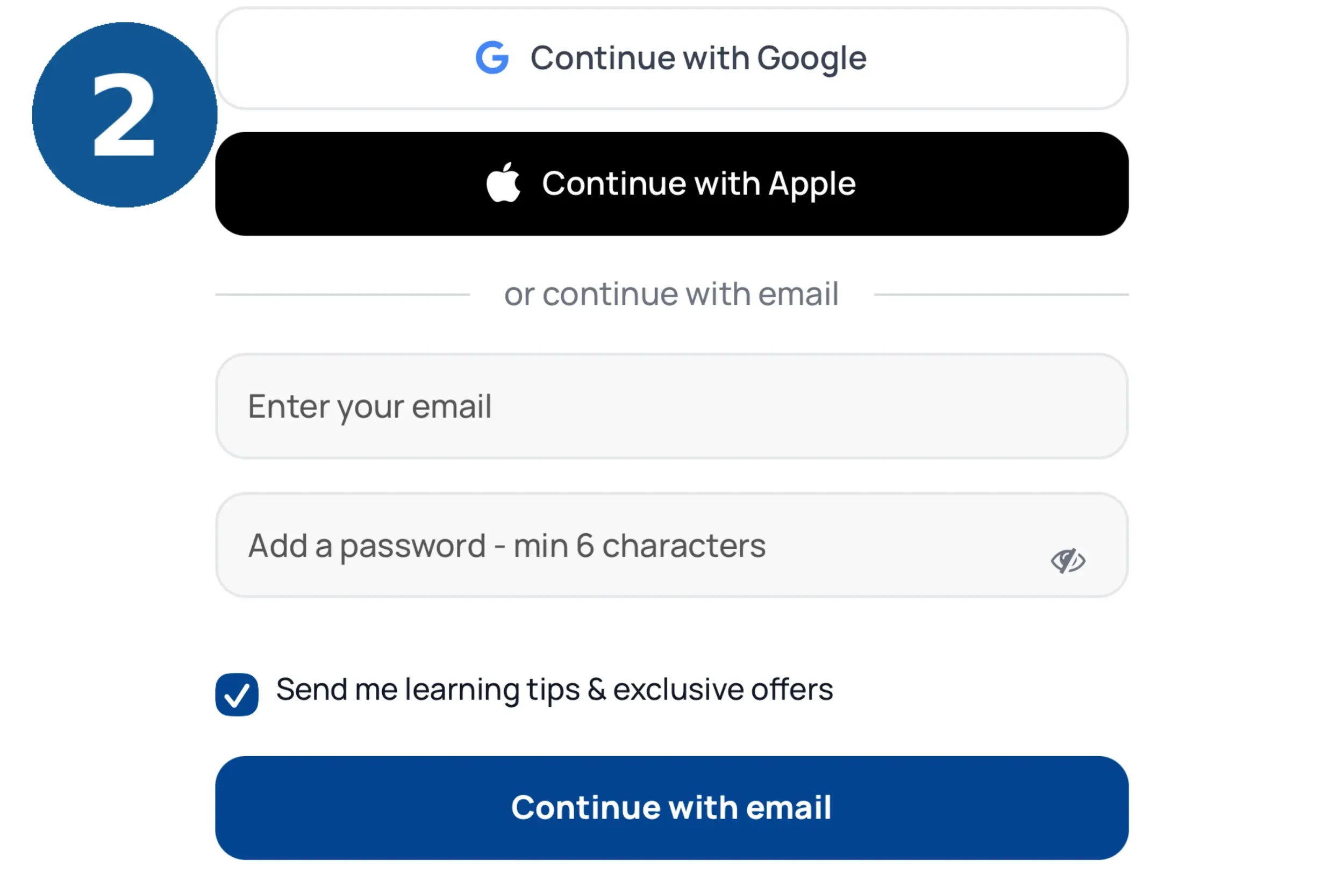 Langua's sign-up options, marked as step 2: continue with Google, Apple, or an email and password.