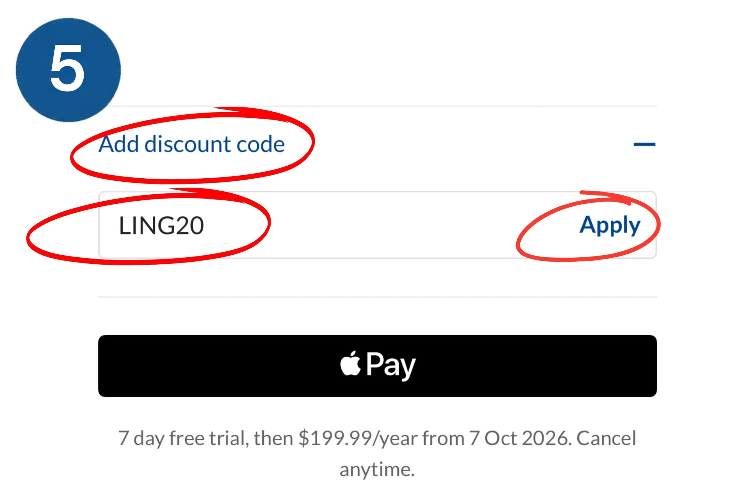 Langua's checkout with "Add discount code," the code LING20 and the Apply button circled, marked as step 5.