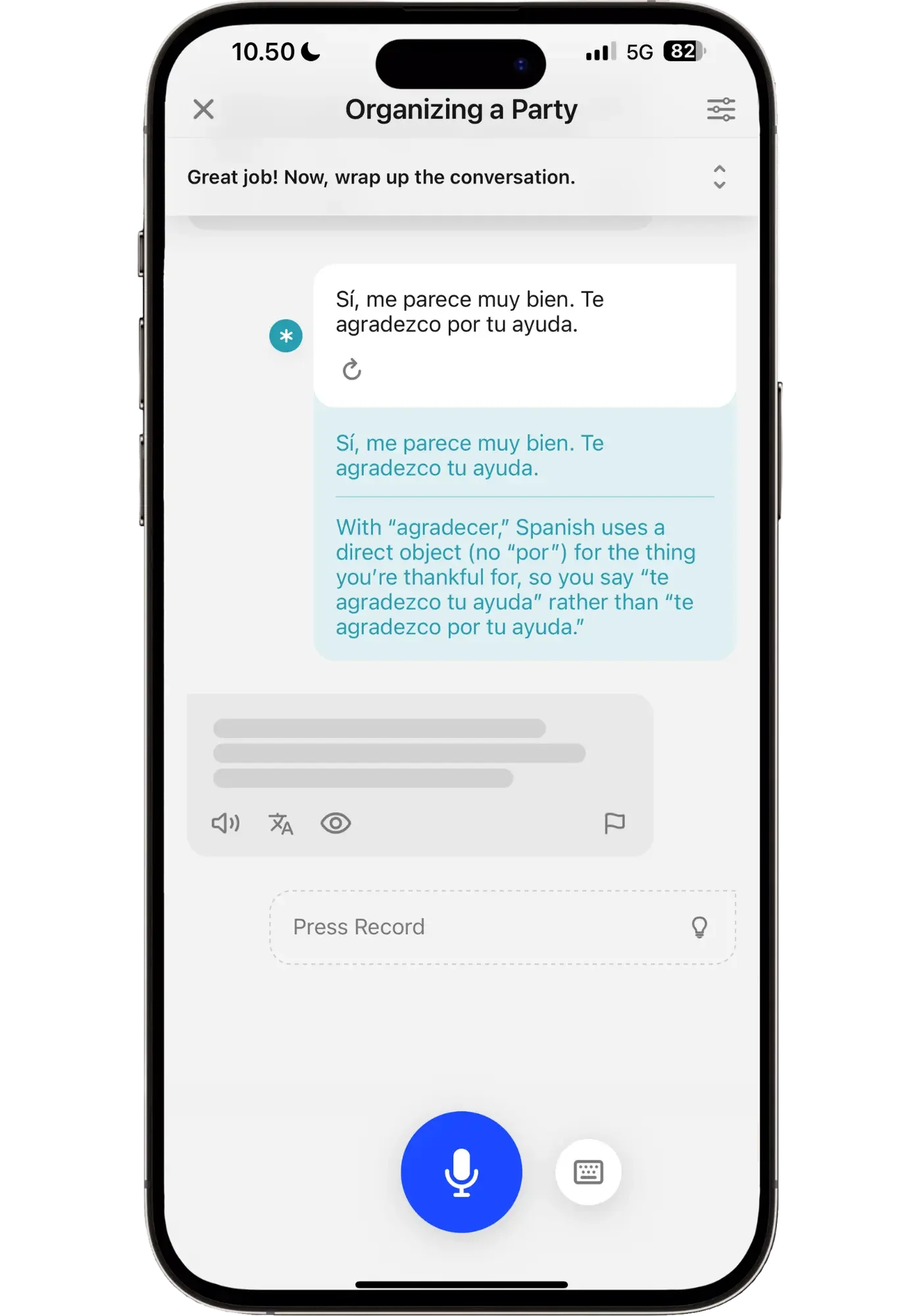 Speak correcting "te agradezco por tu ayuda" to "te agradezco tu ayuda" in a Spanish roleplay AI chat with explanation.