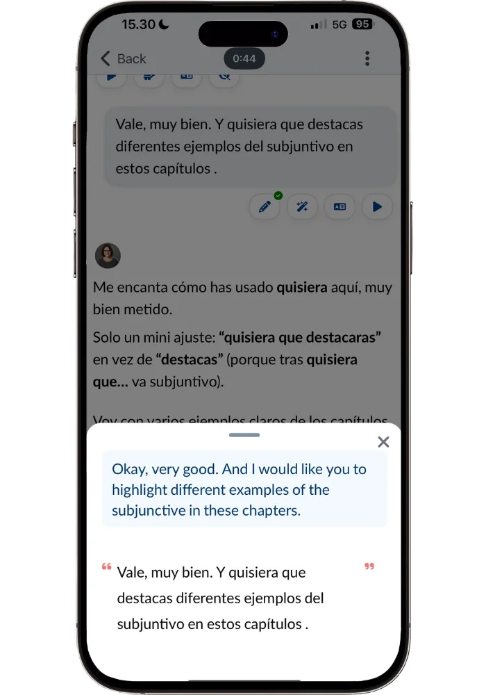 Using Langua AI speaking app to practice Spanish subjunctive examples from StoryLearning Uncovered chapters, showing real-time conversation and grammar feedback