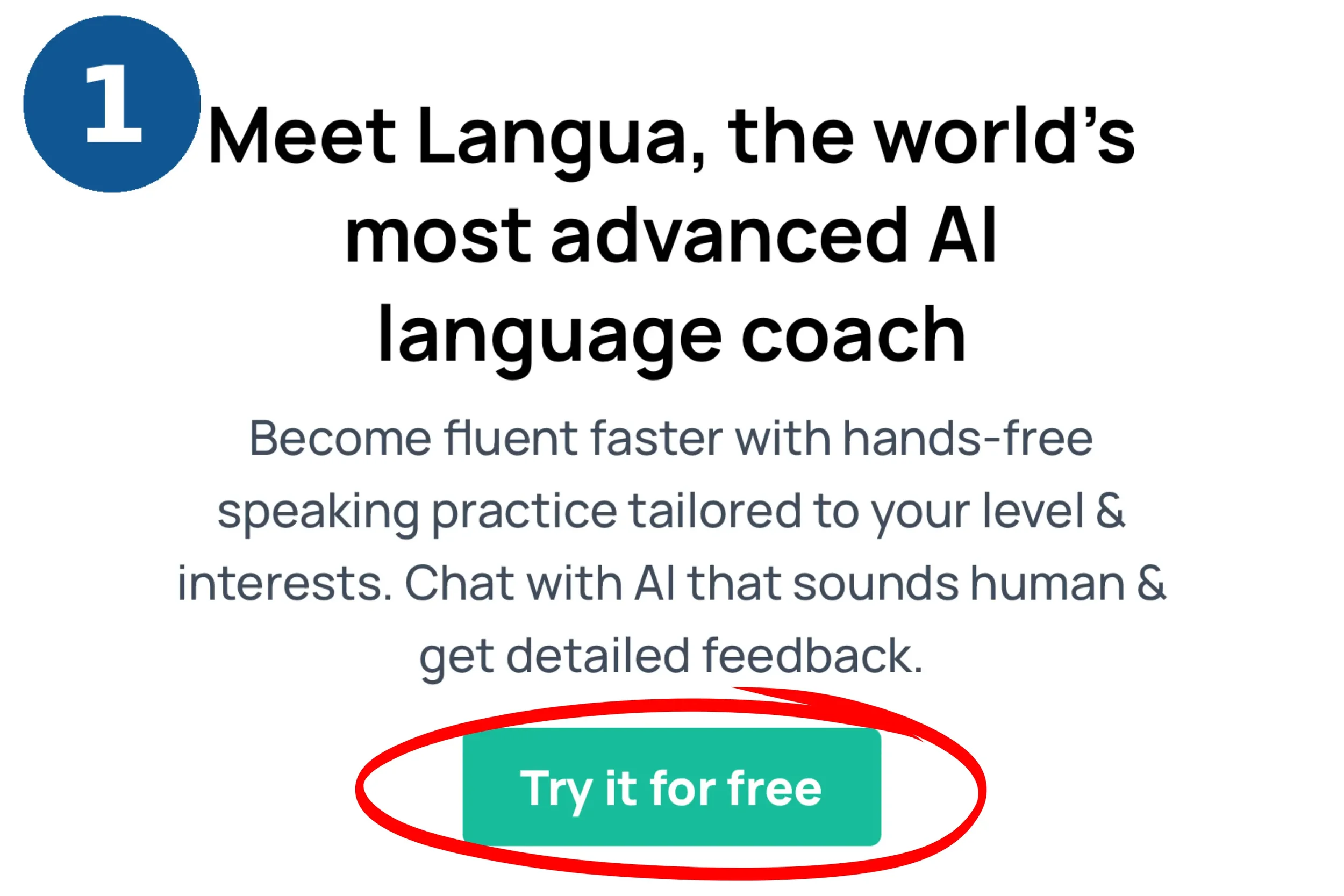 Langua's homepage with the "Try it for free" button circled, marked as step 1.