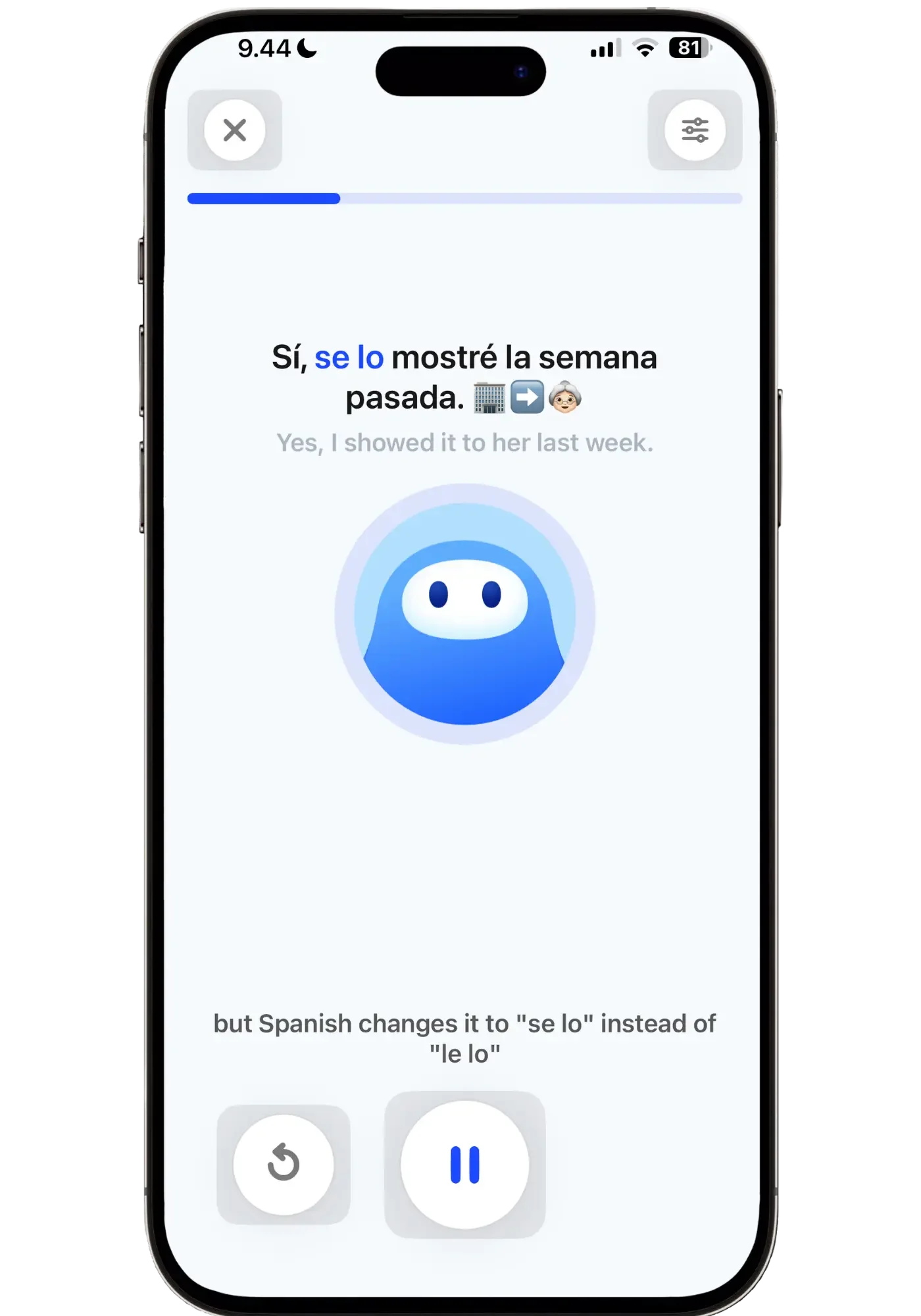 Speak's in-lesson grammar tip showing how Spanish changes "le lo" to "se lo" for smoother speech.