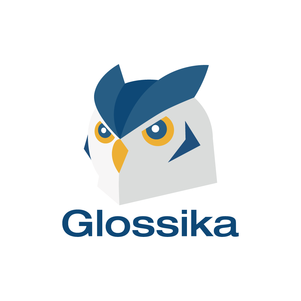 Glossika logo: Minimalist 3D owl head in white with navy blue wings and accents, yellow eyes, perched above "Glossika" in bold navy text. Represents intuitive language learning through spaced repetition, mass sentence, and listen-and-repeat.