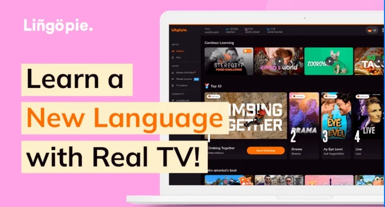 Lingopie banner reading "Learn a New Language with Real TV!" beside a laptop showing the Lingopie catalog of TV shows.