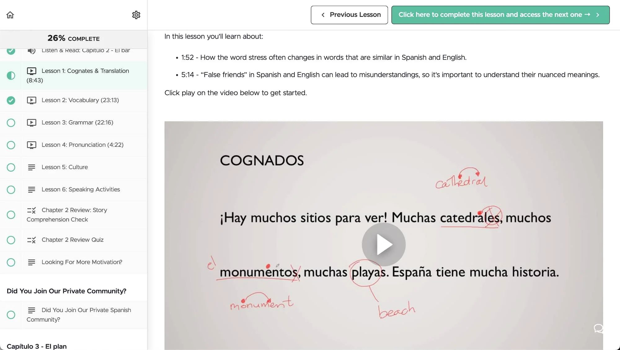 Storylearning Spanish Uncovered lesson showing cognates vocabulary with story-based comprehension method, video player, and interactive text highlighting for beginner Spanish students