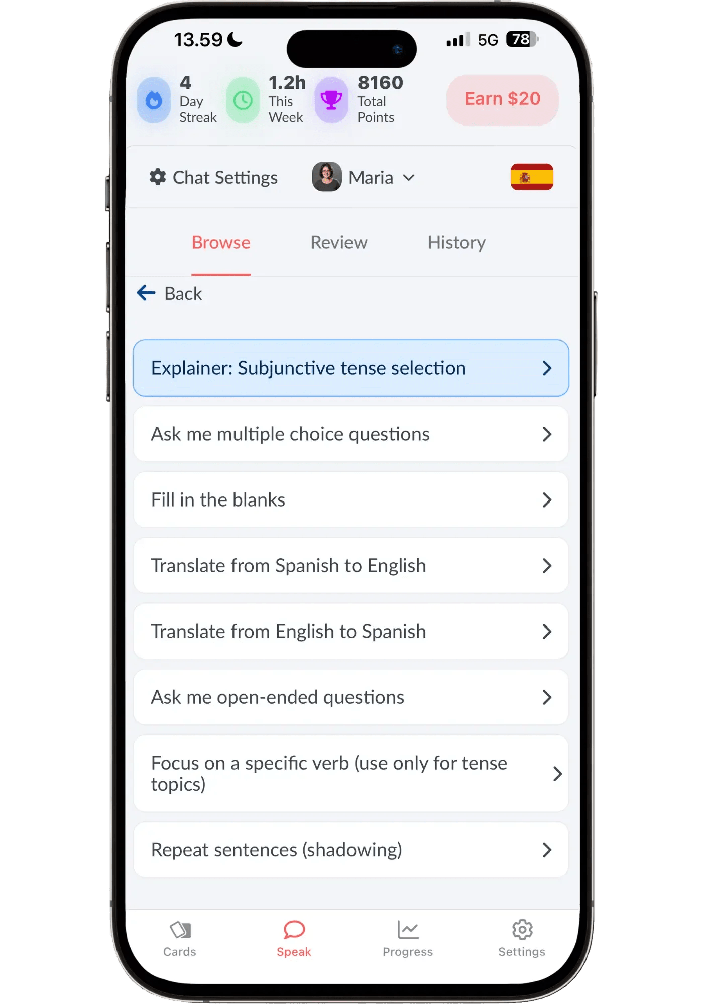Langua's practice menu for a grammar topic, offering an explainer, multiple-choice questions, fill-in-the-blanks, translation drills in both directions, open-ended questions, and repeat-sentence shadowing for targeted Spanish grammar practice.
