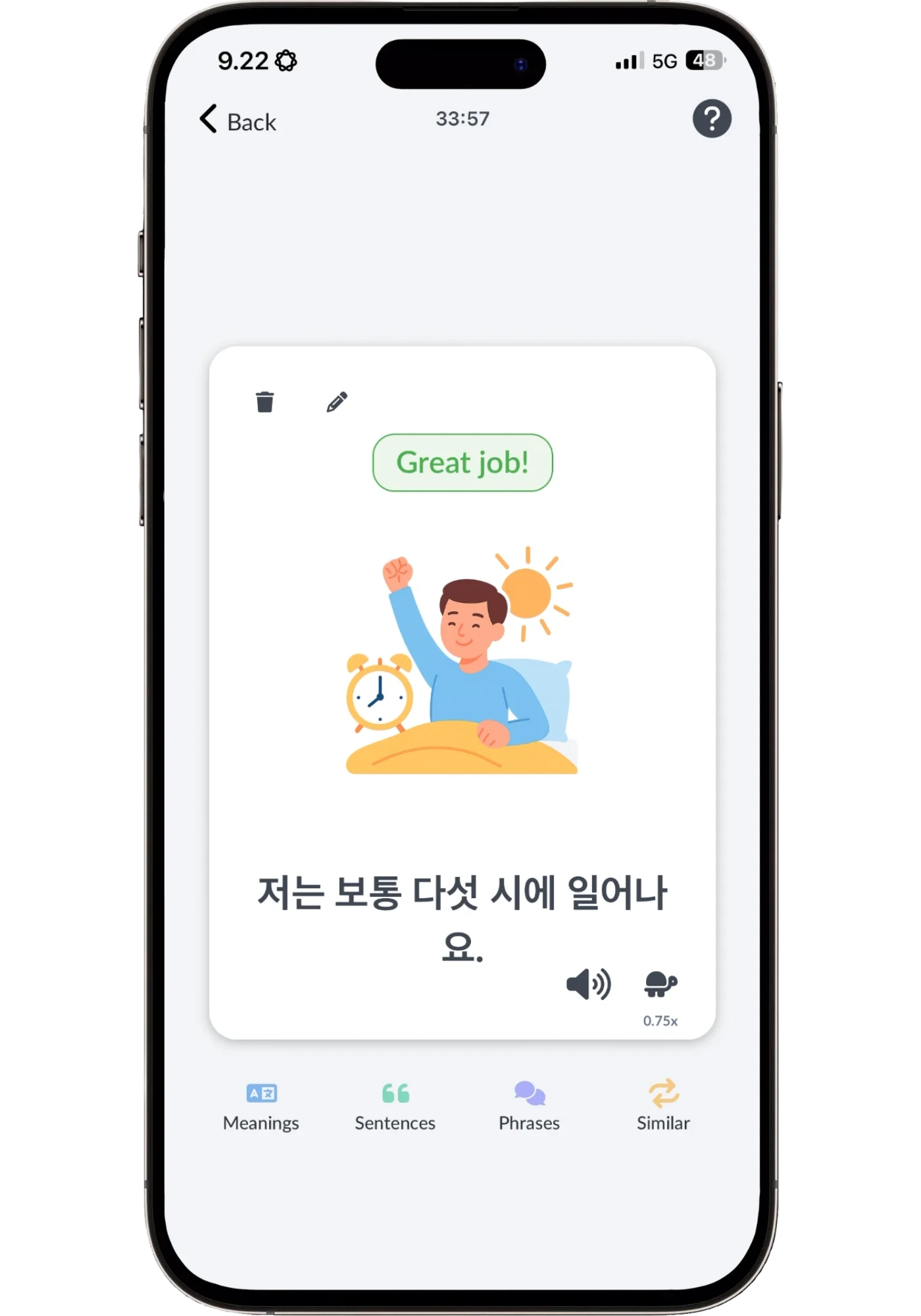 The back of the same Langua flashcard showing the Korean sentence 저는 보통 다섯 시에 일어나요 with a "Great job!" label, audio playback at normal and 0.75x speed, and tabs for meanings, sentences, phrases and similar words.