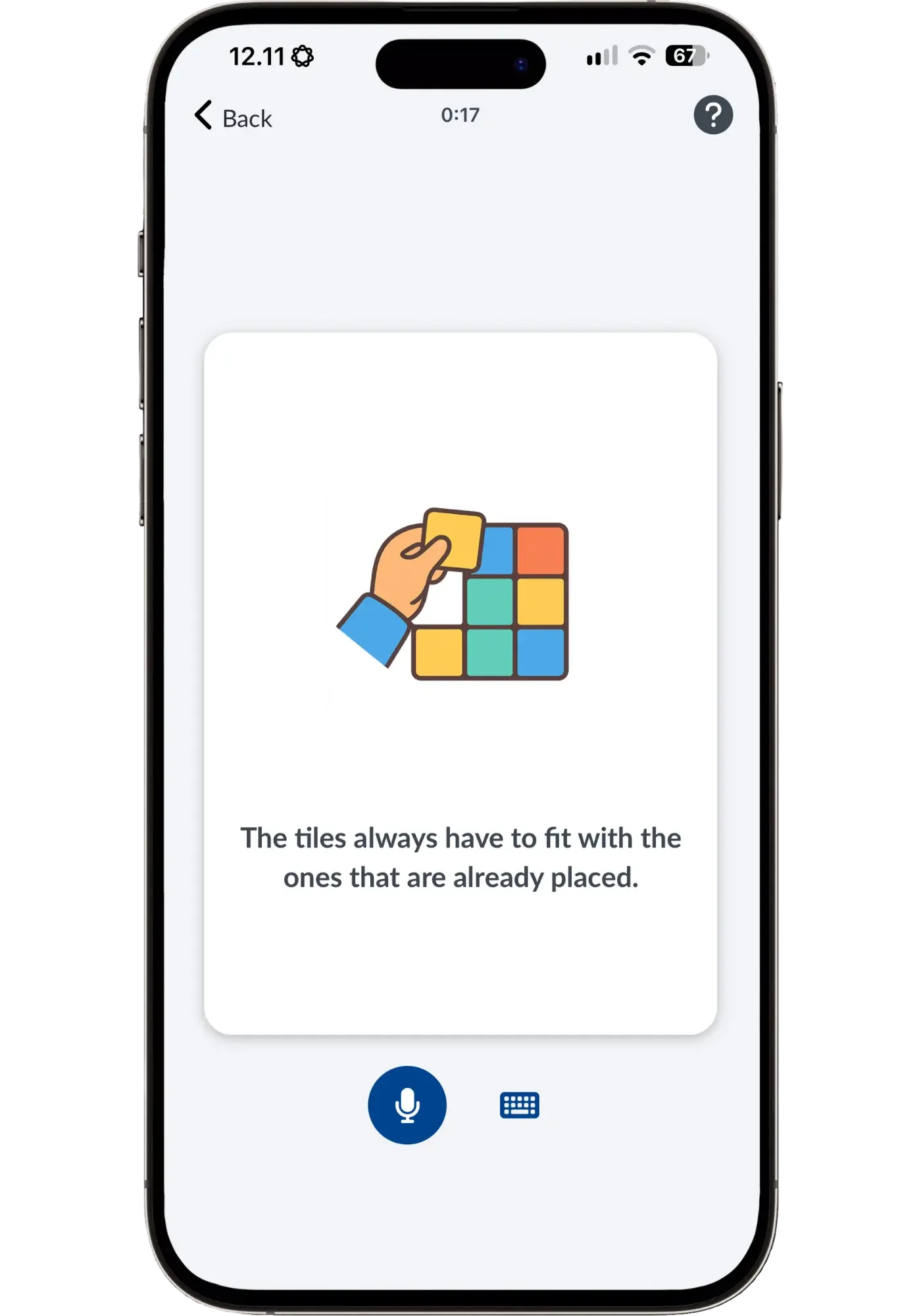 Langua flashcard with an AI-generated picture of a hand placing a tile and the English prompt “The tiles always have to fit with the ones that are already placed”
