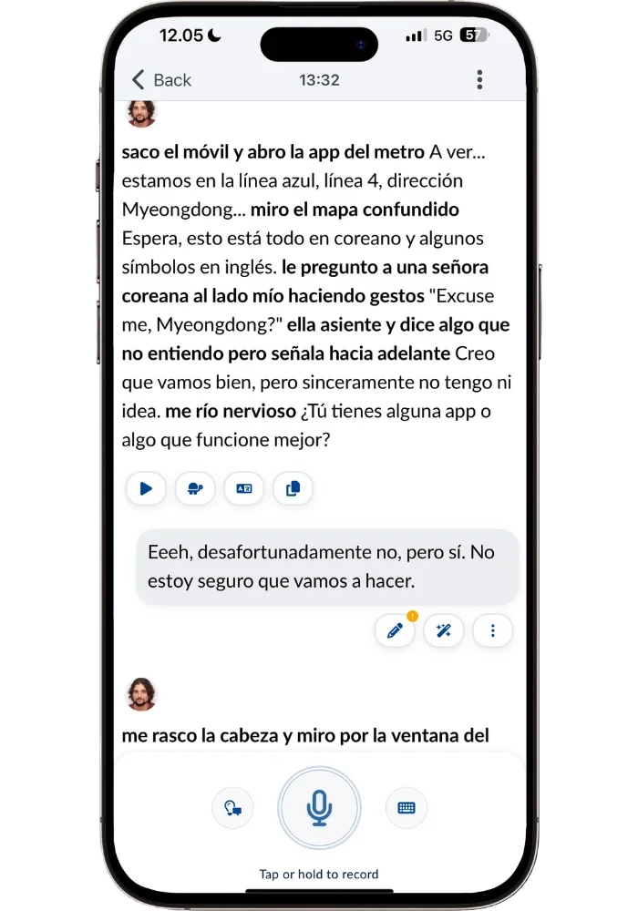 Langua Spanish conversation with the AI narrating actions in bold like checking the subway map and asking a Korean woman for directions, creating an immersive scenario experience