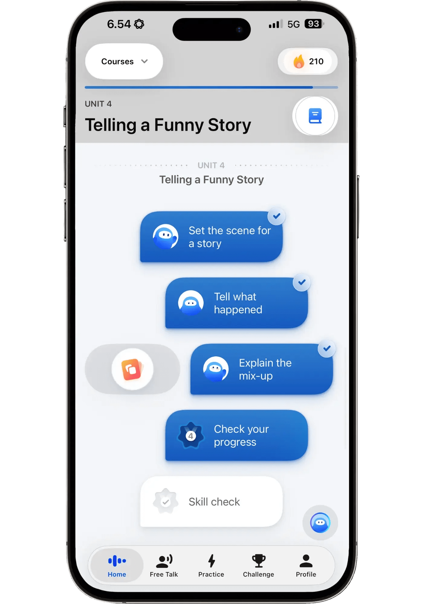 Speak app showing a 210-day streak and Unit 4 "Telling a Funny Story" on the Spanish learning path, with three lessons completed and a skill check ahead.
