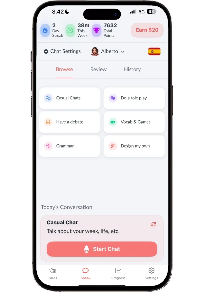 Langua app home screen showing conversation options like casual chat, roleplay, debate, grammar, and design your own. Langua's clean design gives you freedom to choose how you want to practice.