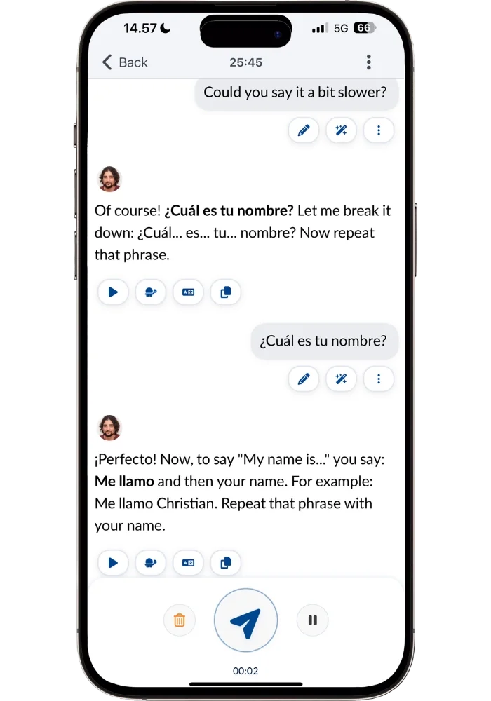 Langua beginner lesson showing an interactive conversation where the AI tutor breaks down the phrase Cuál es tu nombre and prompts the learner to repeat it