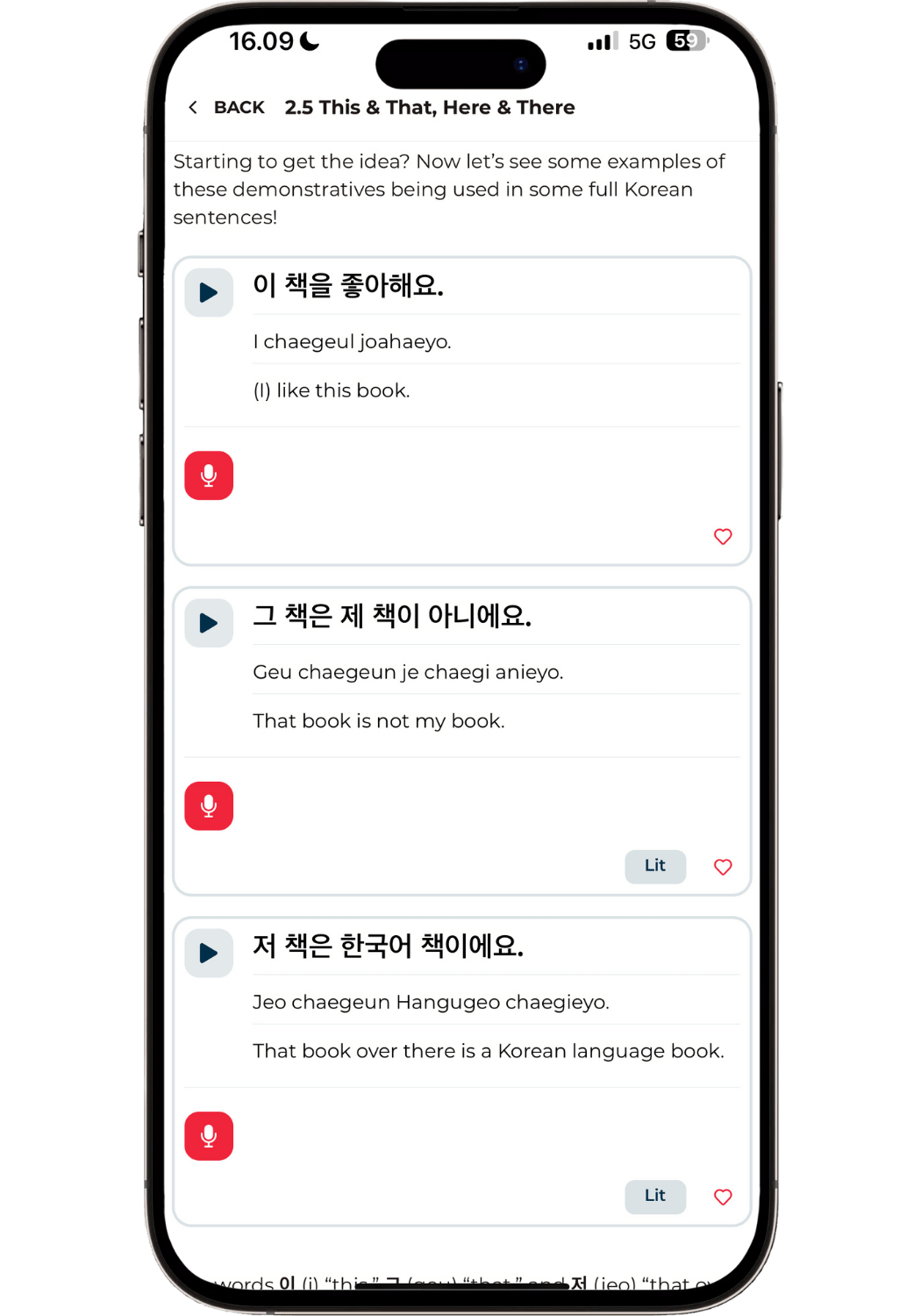 Rocket Korean written lesson showing demonstrative adjectives with Korean text, romanization, English translations, and interactive audio playback and pronunciation practice buttons.