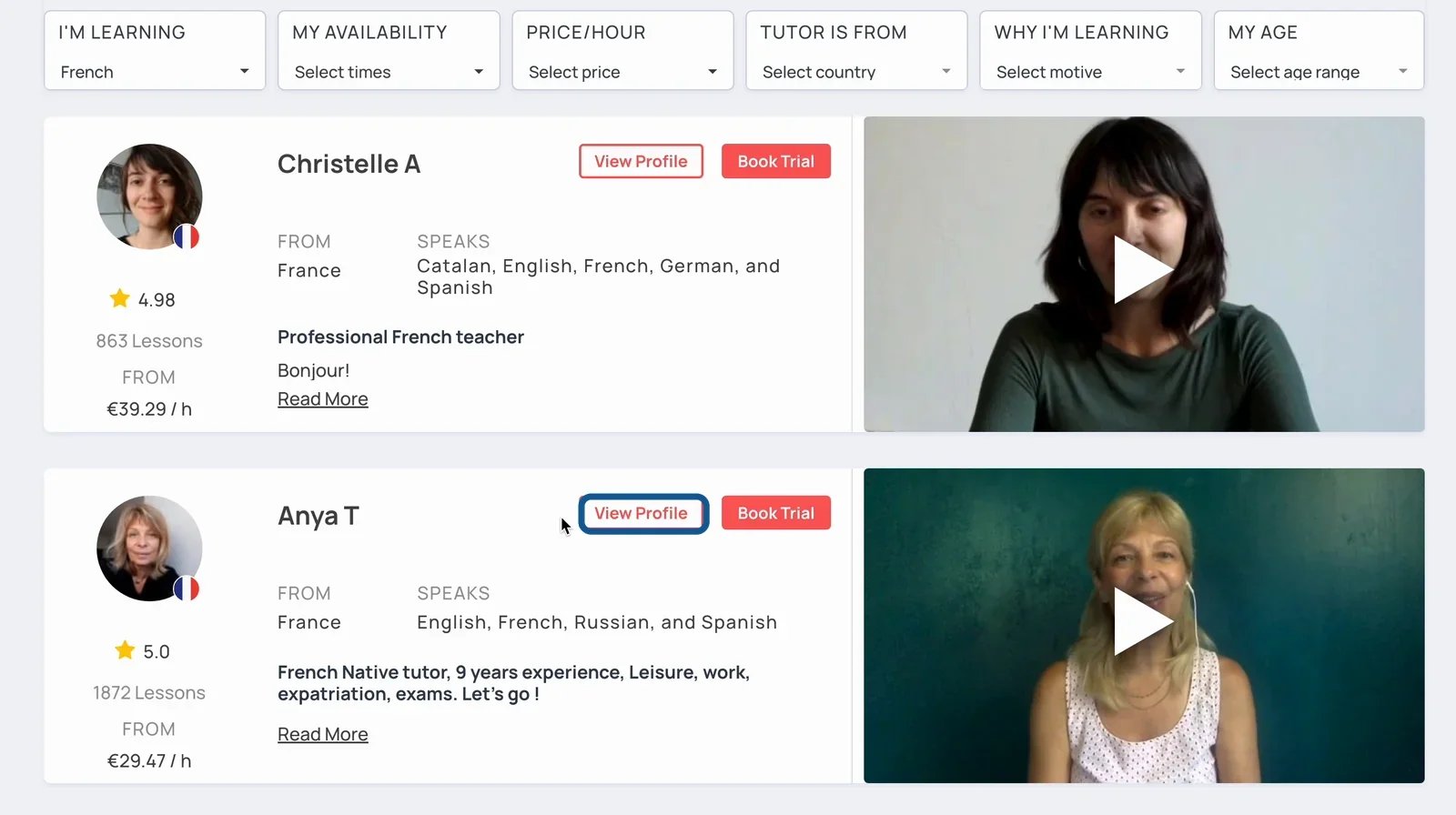 List of French tutors on LanguaTalk showing ratings, lesson counts, hourly prices and intro videos, with the View Profile button highlighted