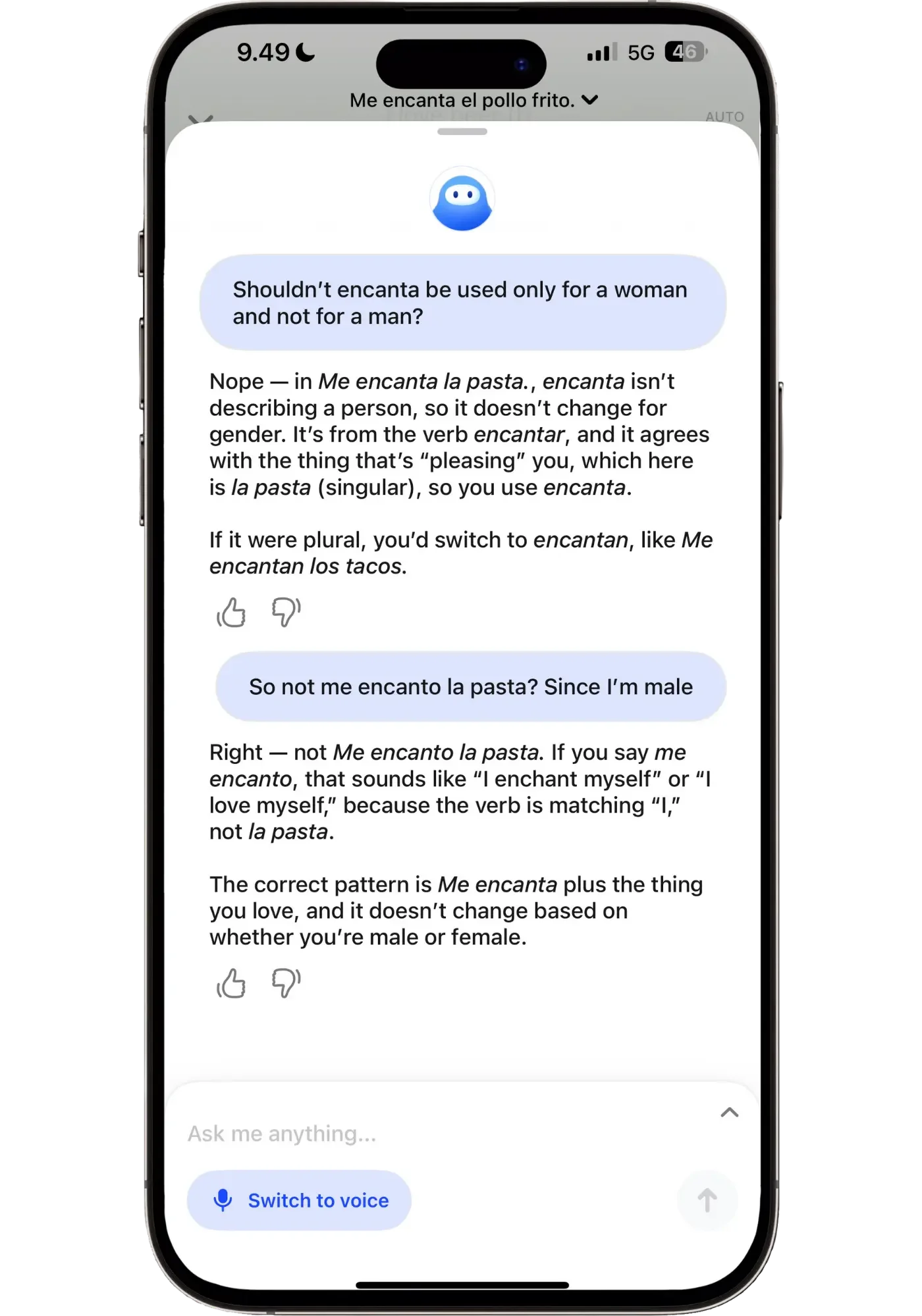 Speak app's in-drill AI tutor explaining that "encanta" agrees with the thing being loved, not the speaker's gender, with a follow-up clarifying why "me encanto la pasta" would wrongly mean "I love myself."