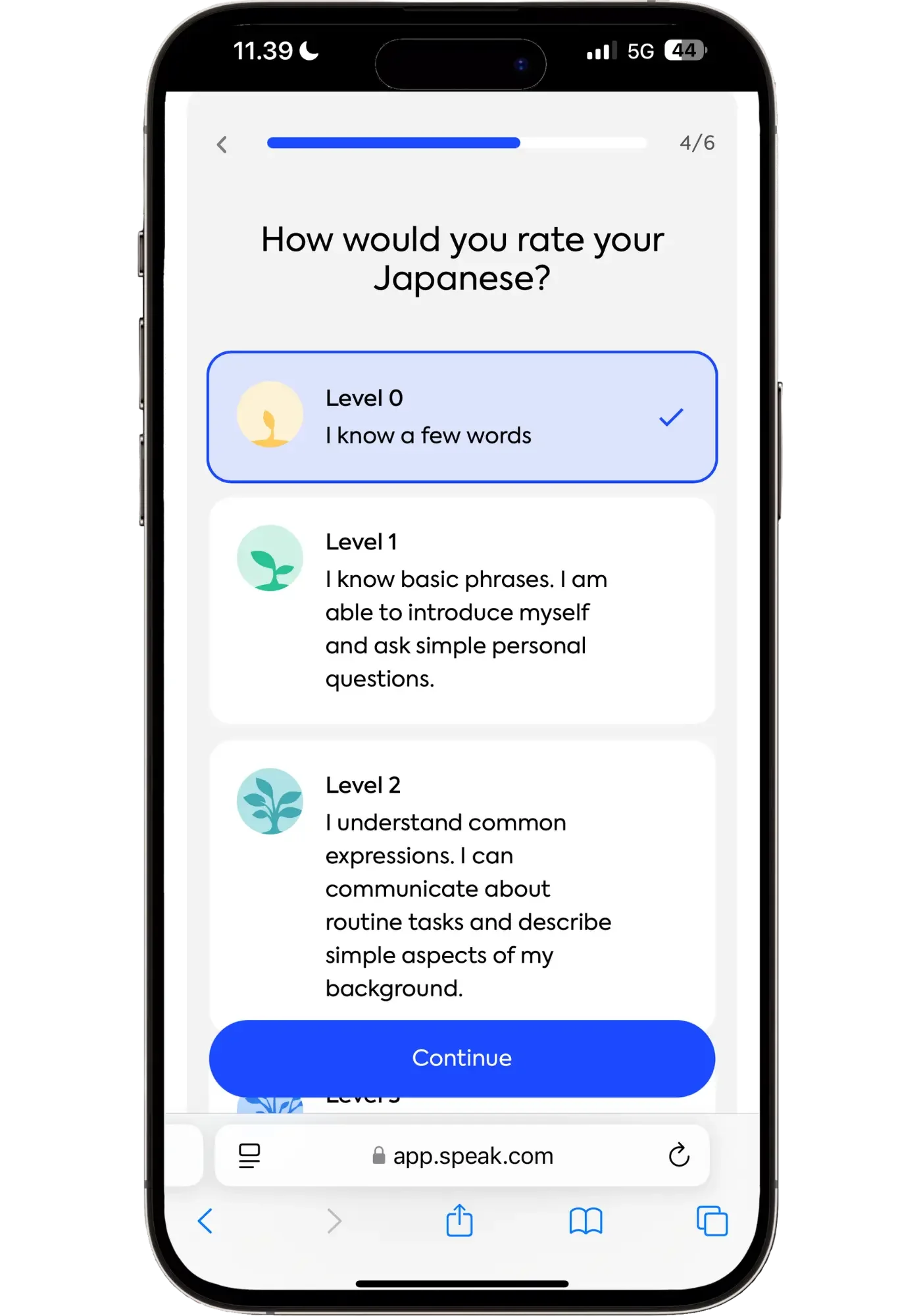 Speak onboarding screen asking "How would you rate your Japanese?" with Level 0 ("I know a few words") selected, alongside Level 1 and Level 2 descriptions for comparison.