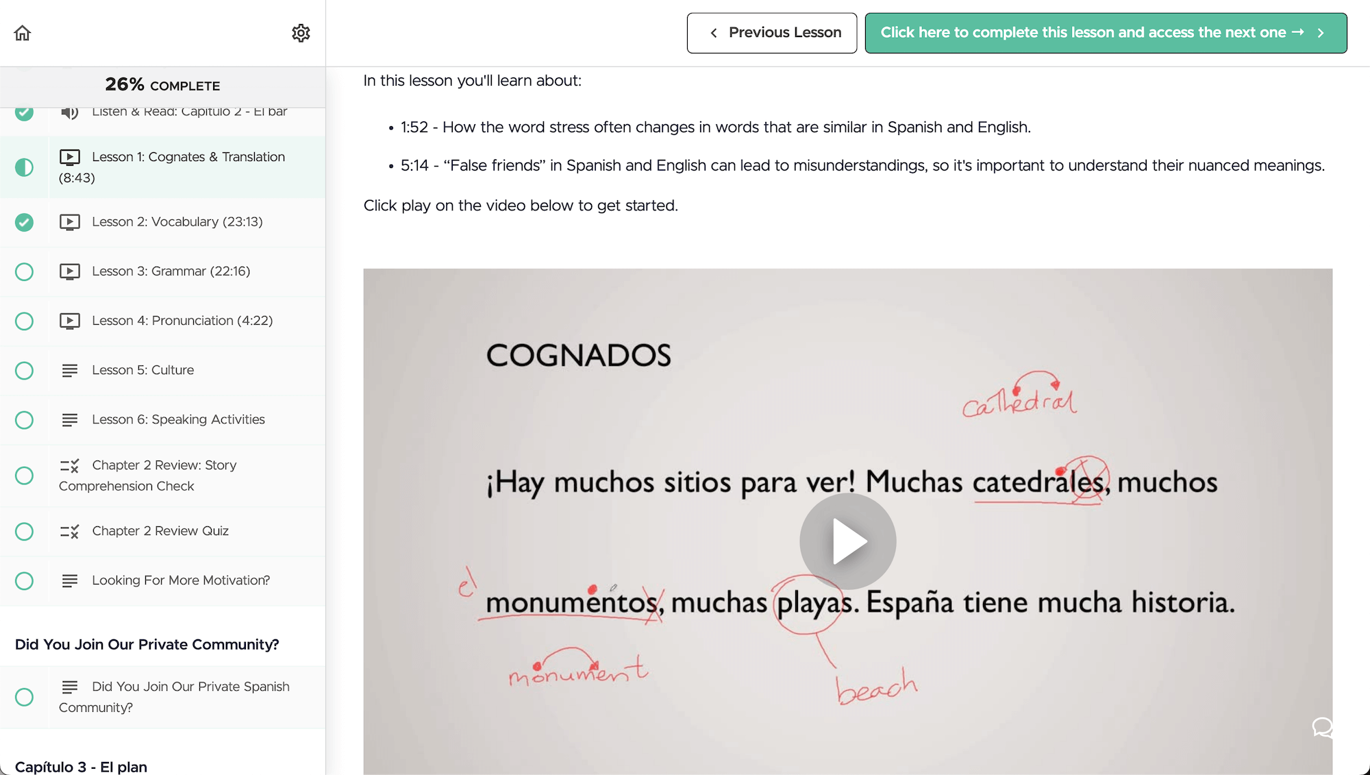 Storylearning Spanish Uncovered lesson showing cognates vocabulary with story-based comprehension method, video player, and interactive text highlighting for beginner Spanish students