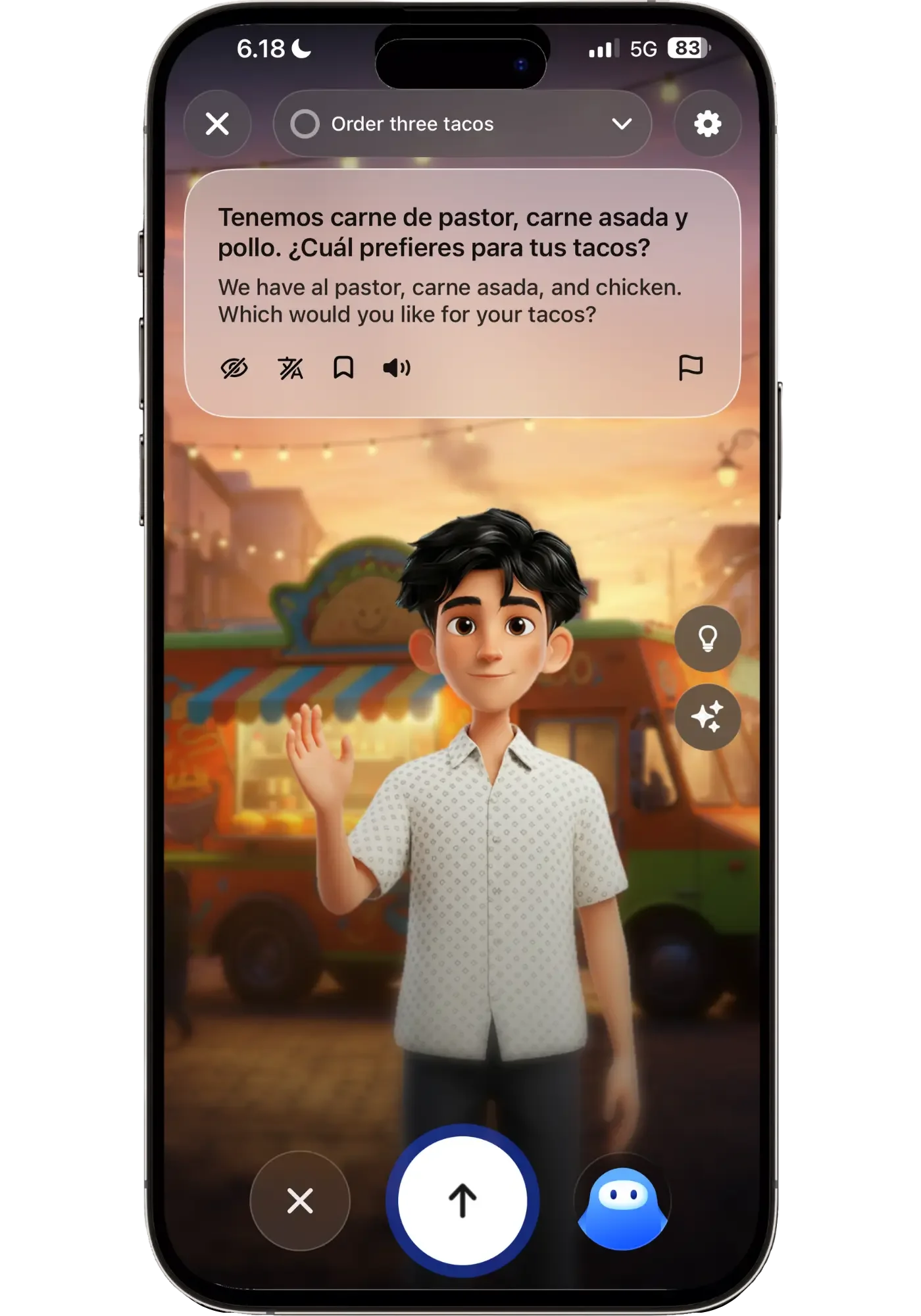 Speak Free Talk taco truck conversation with an animated vendor asking "Tenemos carne de pastor, carne asada y pollo. ¿Cuál prefieres para tus tacos?" with English translation and the task "Order three tacos" shown at top.