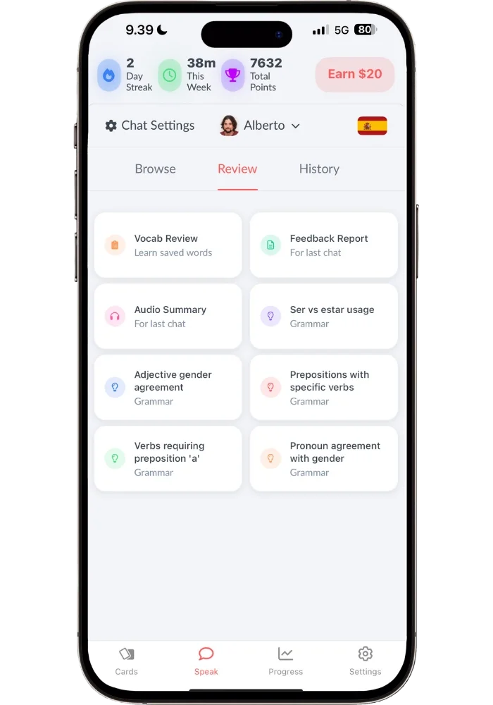Langua app Review tab showing options for Vocab Review, Feedback Report, Audio Summary, and frequent grammar mistake topics like Ser vs Estar usage and Adjective gender agreement
