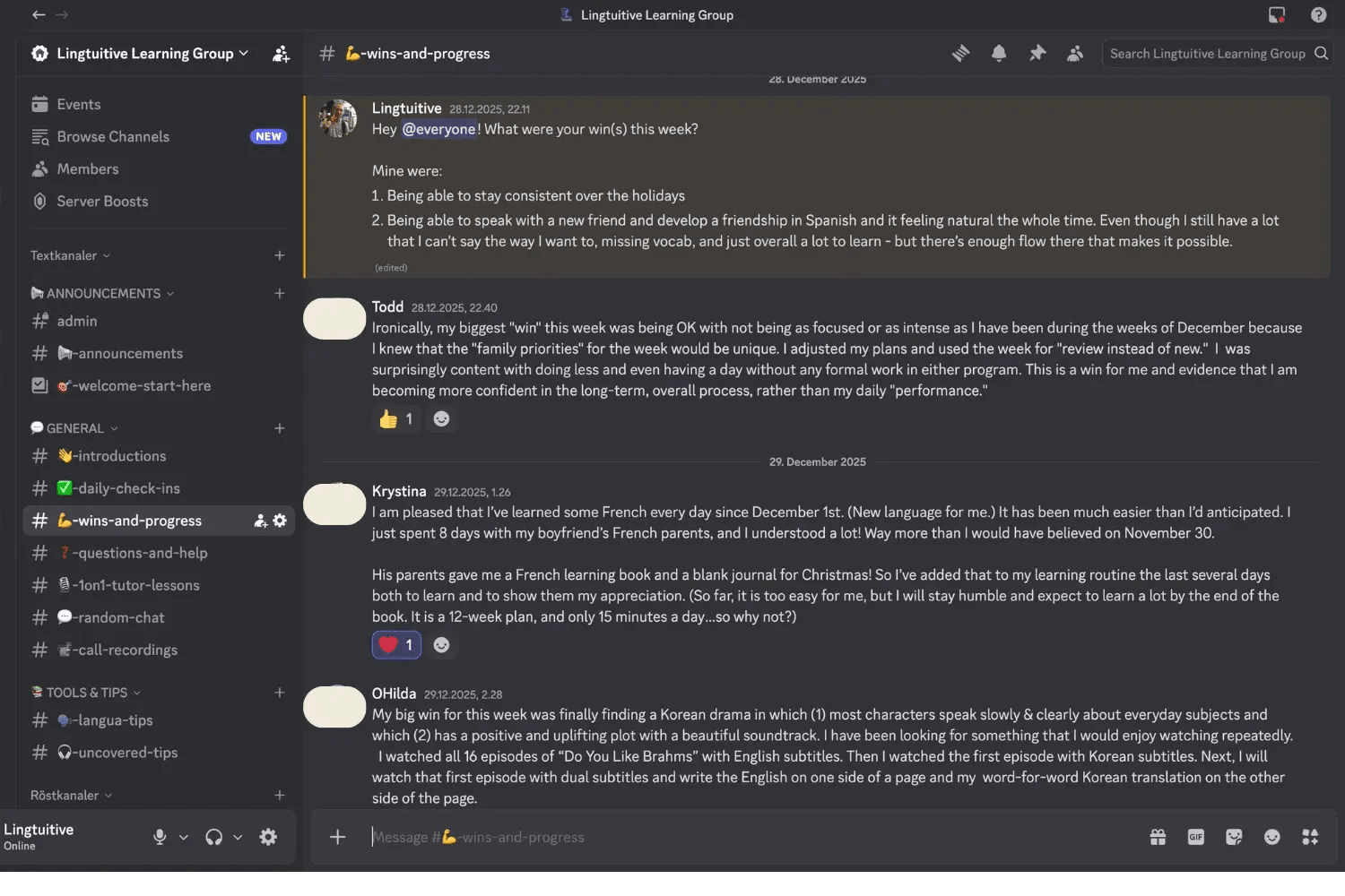 Weekly wins and progress shared in the Lingtuitive Language Learning Group on Discord, showing members learning Spanish, French, and Korean with StoryLearning Uncovered