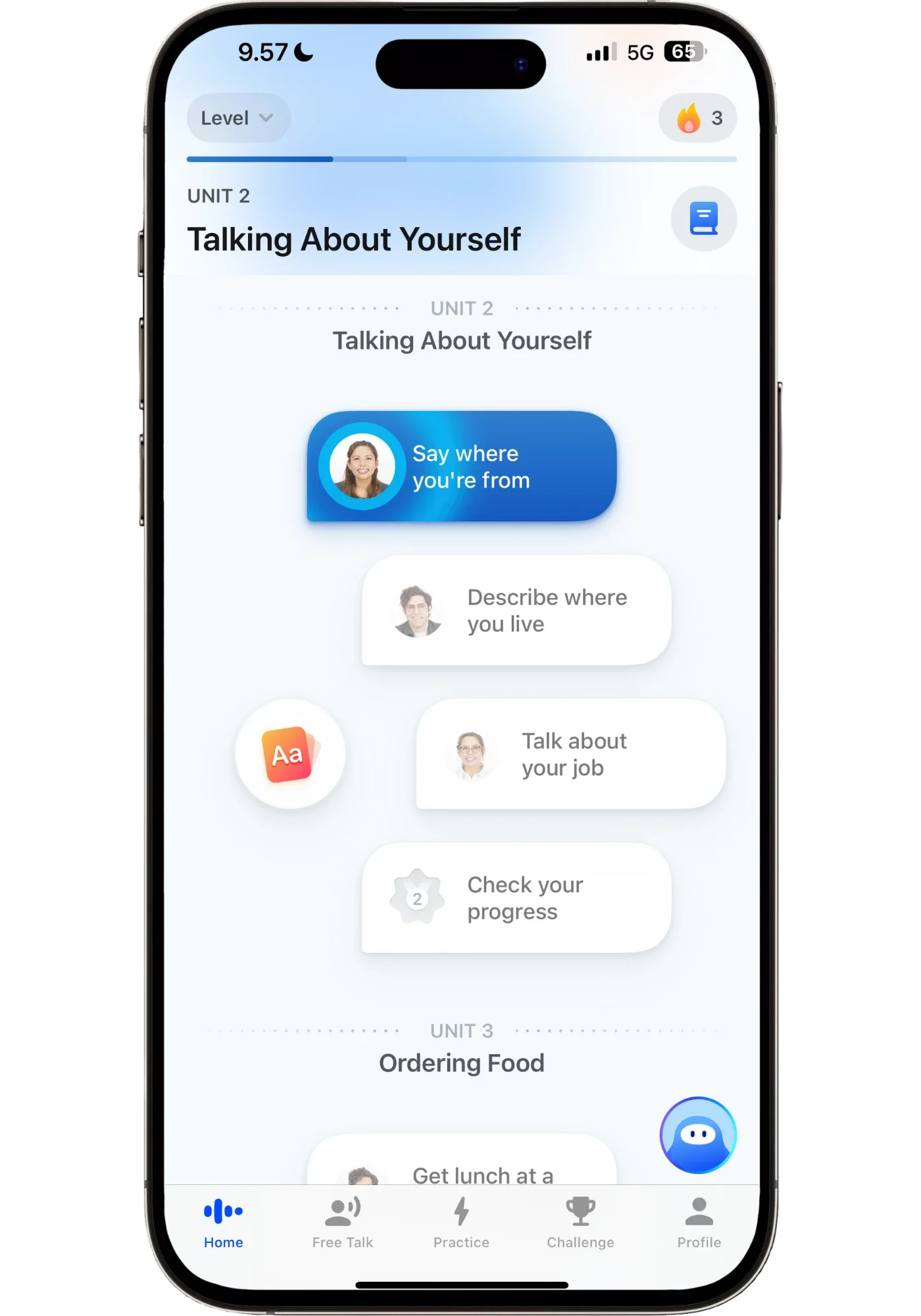 Speak app's structured learning path showing Unit 2 "Talking About Yourself" with four lessons — "Say where you're from," "Describe where you live," "Talk about your job," and "Check your progress" — followed by Unit 3 "Ordering Food" below.