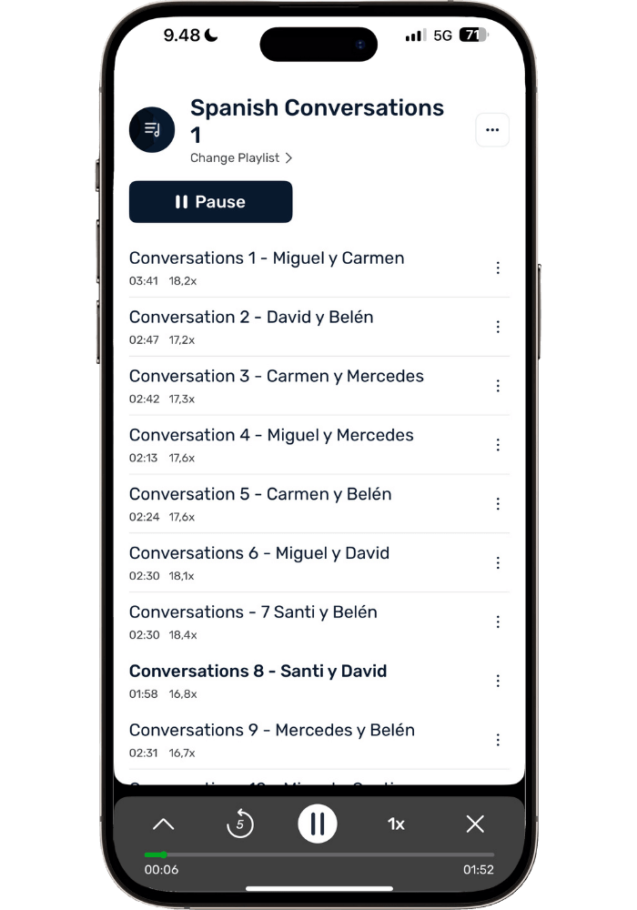 LingQ mobile app playlist showing Spanish Conversations course with 20 audio lessons and listening repetition tracking displaying 16-18 listens per conversation for intensive Spanish listening practice