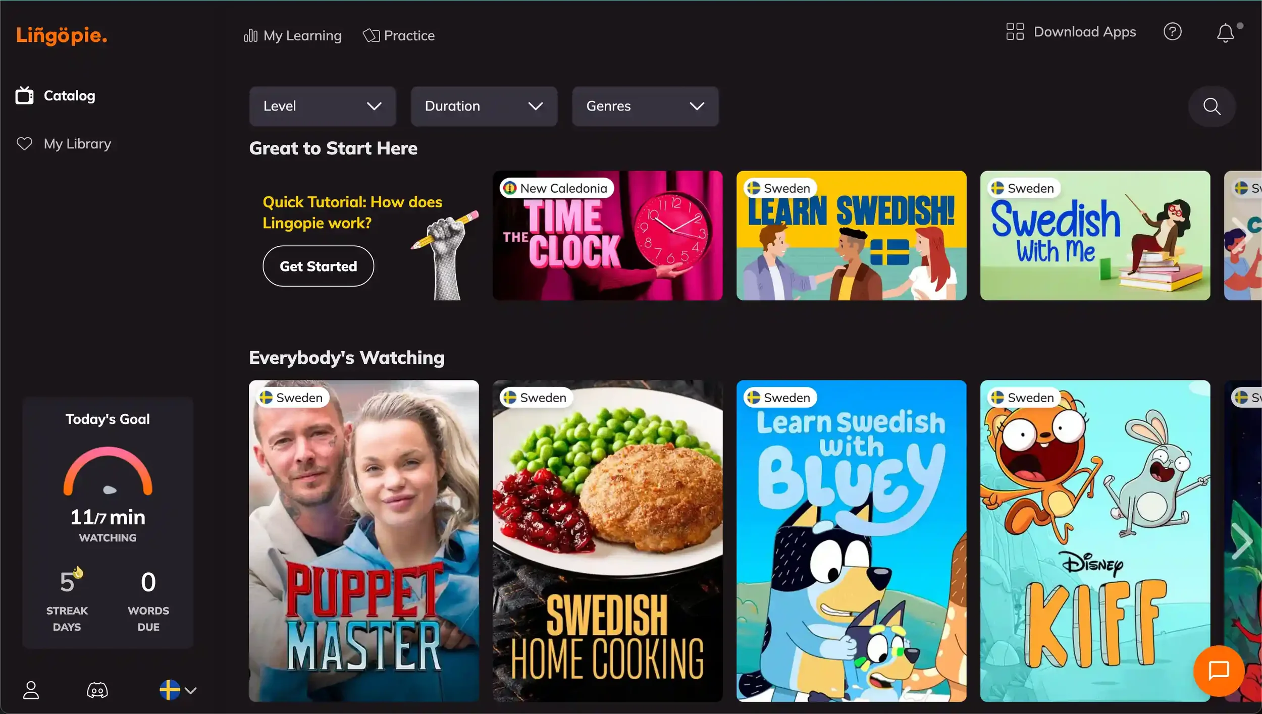Lingopie's Swedish catalog showing a variety of shows — reality, cooking, and kids' content — with level, duration, and genre filters.