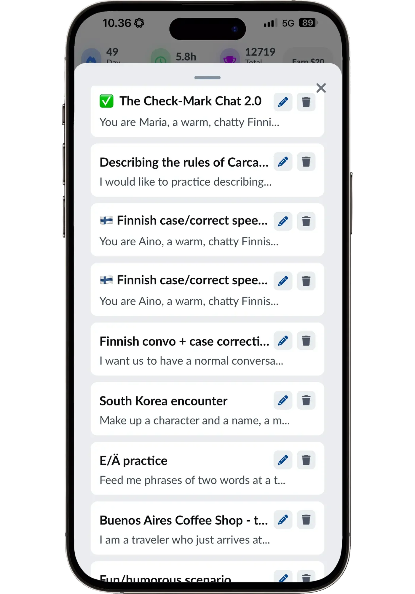 Langua's saved custom prompts, including The Check-Mark Chat 2.0, a Carcassonne rules prompt, Finnish correction prompts and a Buenos Aires coffee shop role-play.