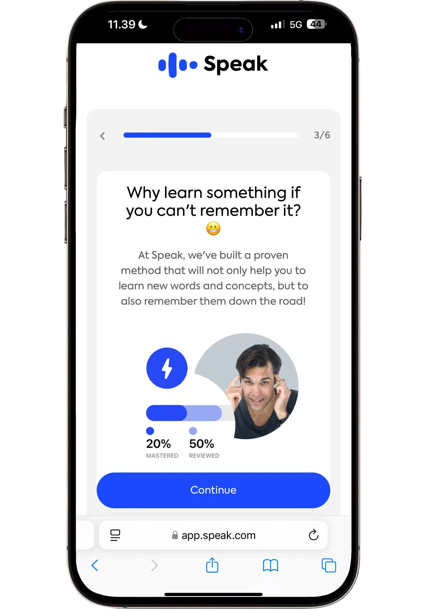 Speak onboarding screen responding to the selected challenge with the message "Why learn something if you can't remember it?" and a graphic showing 20% mastered and 50% reviewed to illustrate Speak's approach to long-term retention.