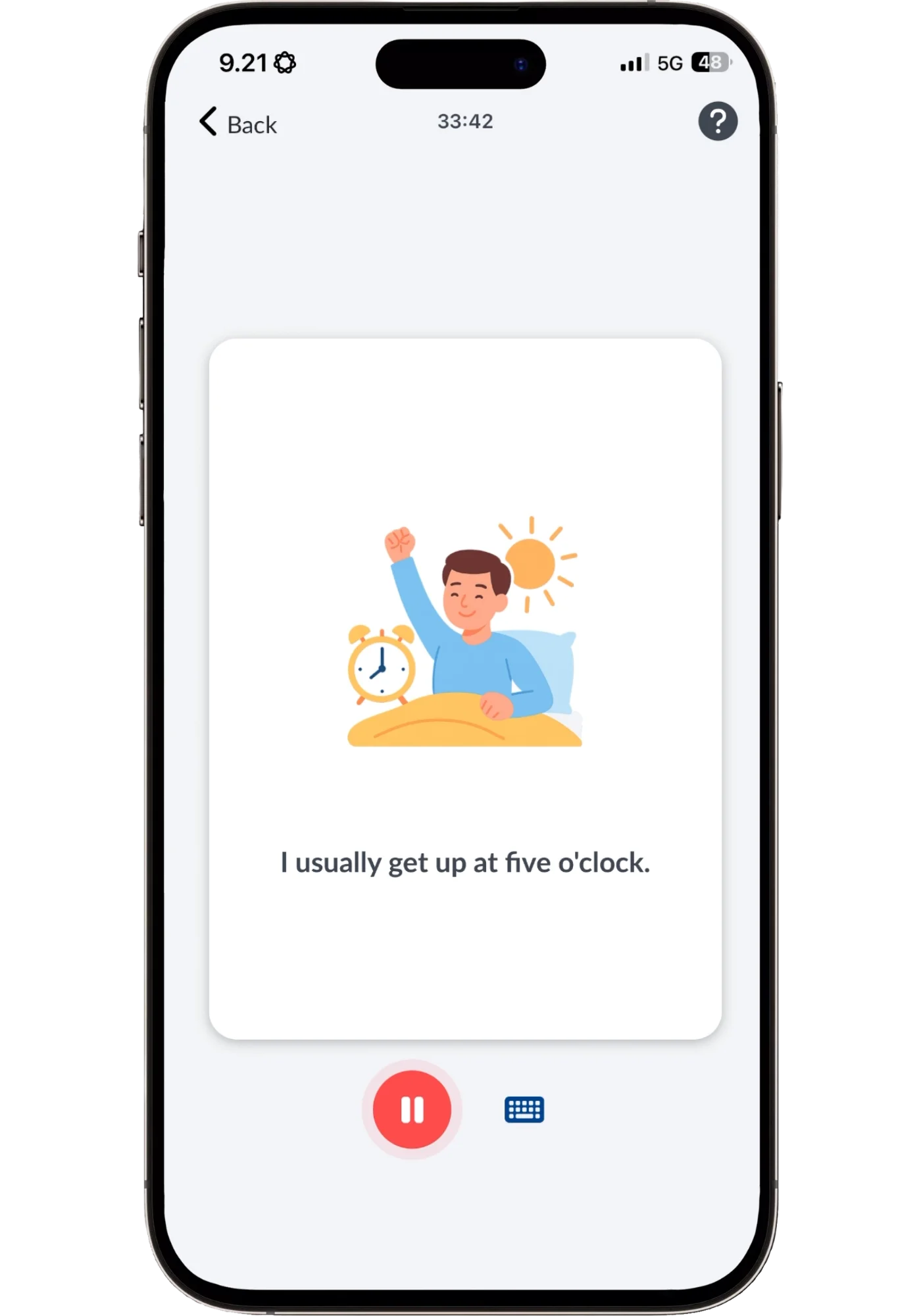 The front of a Langua production flashcard showing the English sentence "I usually get up at five o'clock" with an illustration of a man waking up next to an alarm clock, while the app records the spoken Korean answer.