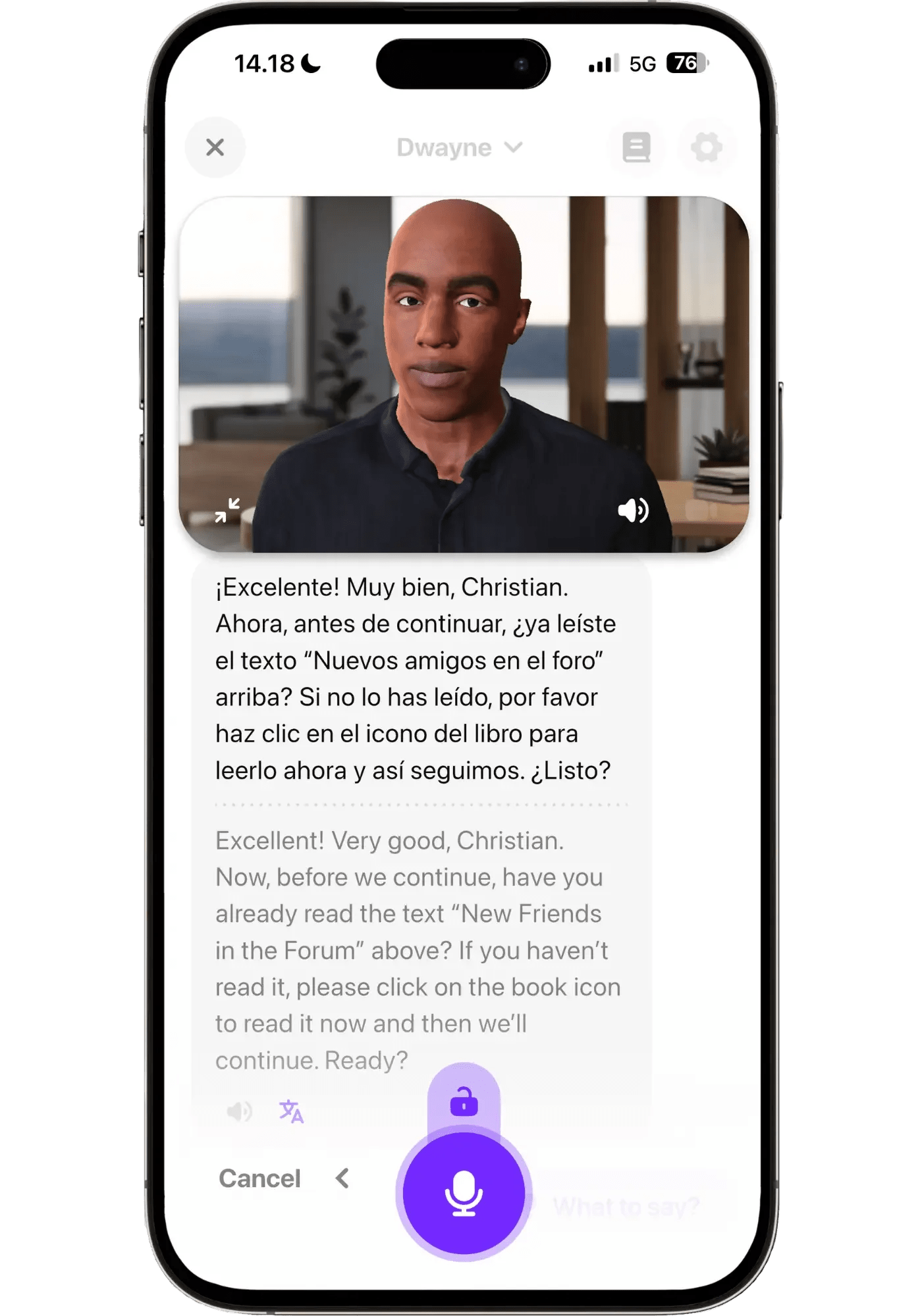 A Praktika Spanish conversation with the animated tutor avatar Dwayne, showing the English translation toggle on.