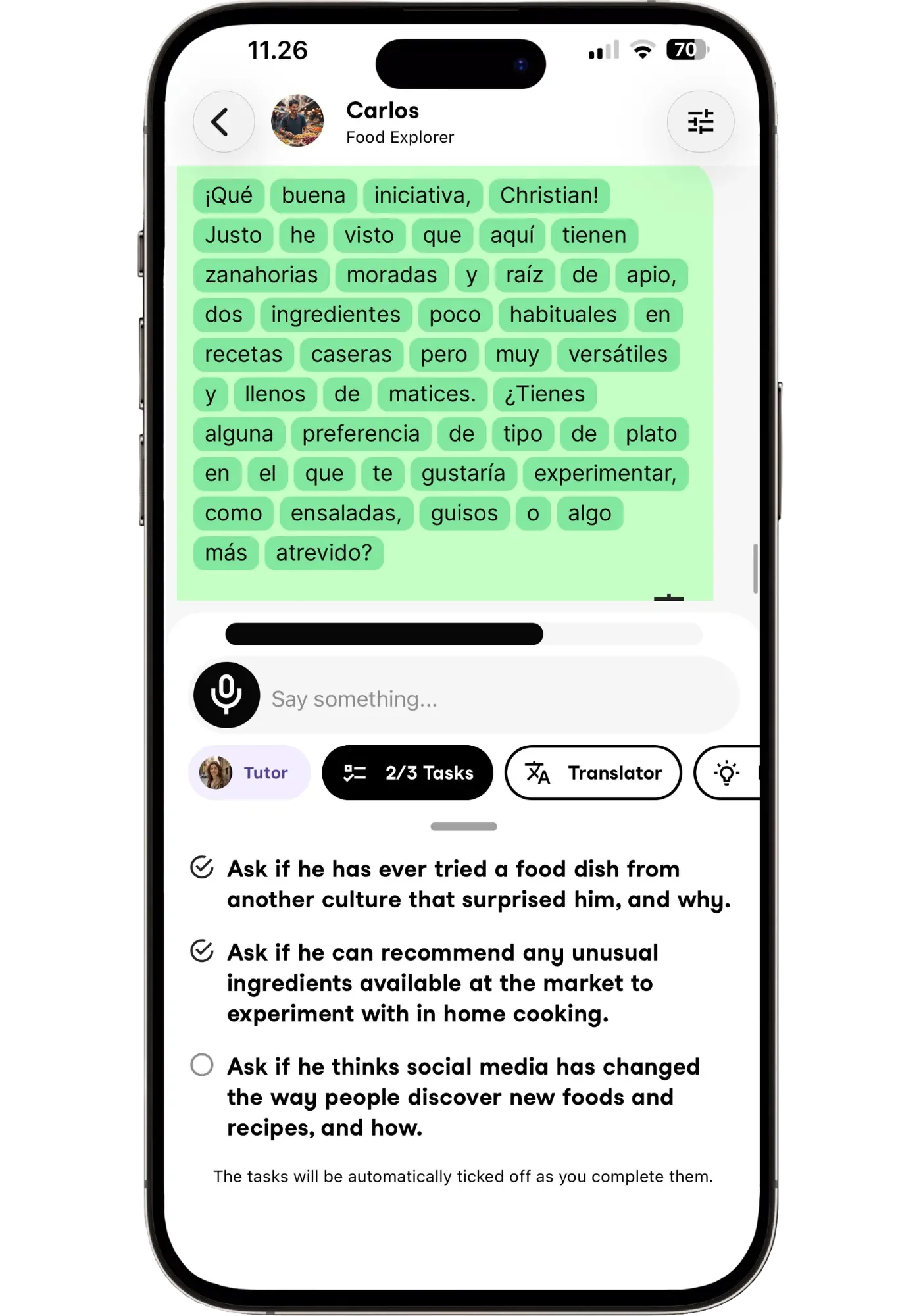 A Univerbal Spanish conversation with tutor Carlos, showing the three mission tasks that guide the chat as you complete them.