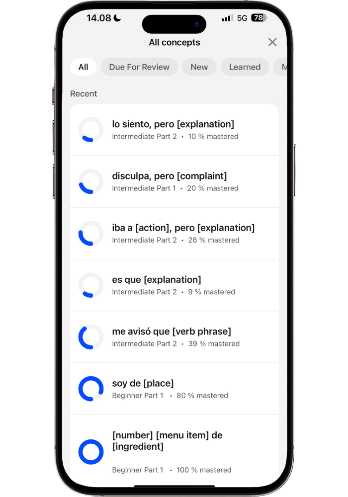 Speak app Smart Review showing mastery percentages for different grammar concepts ranging from 9% to 100% mastered, tracking progress across all app activities