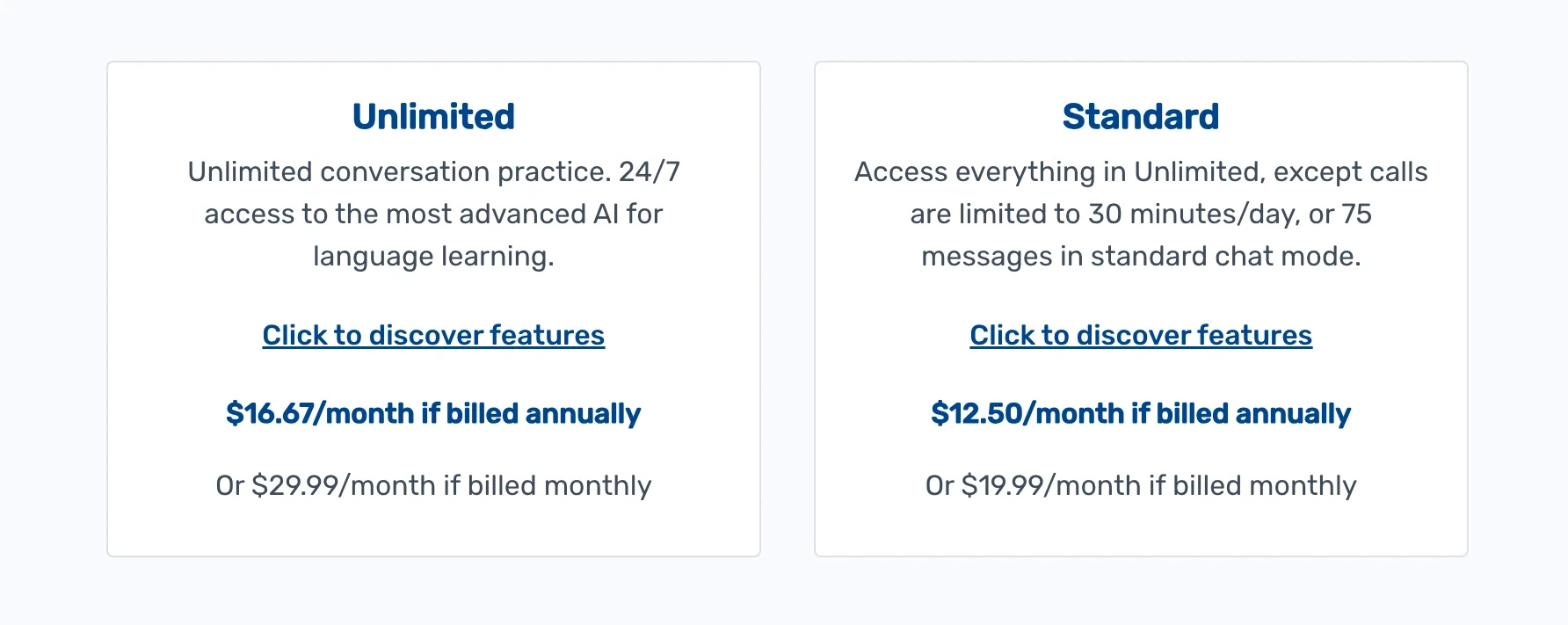 Langua pricing showing Unlimited plan at $16.67/month billed annually and Standard plan at $12.50/month billed annually with monthly options available