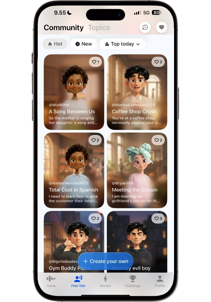 Speak app Community section in Free Talk showing creative user-made conversation scenarios like Coffee Shop Crush, Gym Buddy Plans, and Meeting the Cousin with a Create your own button