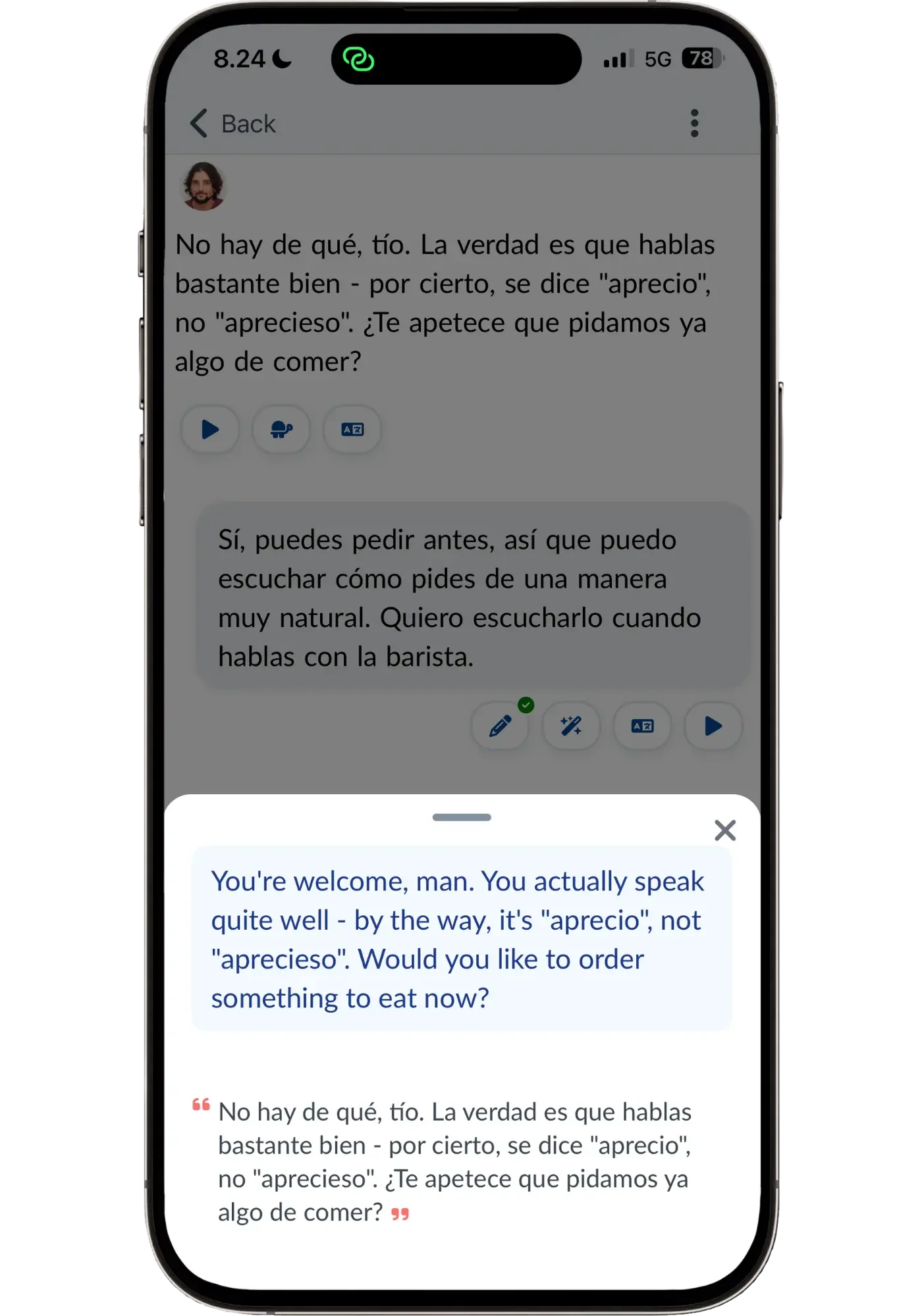A Spanish conversation in Langua where the AI tutor corrects "aprecieso" to "aprecio" in passing without breaking the flow, shown with its English translation.