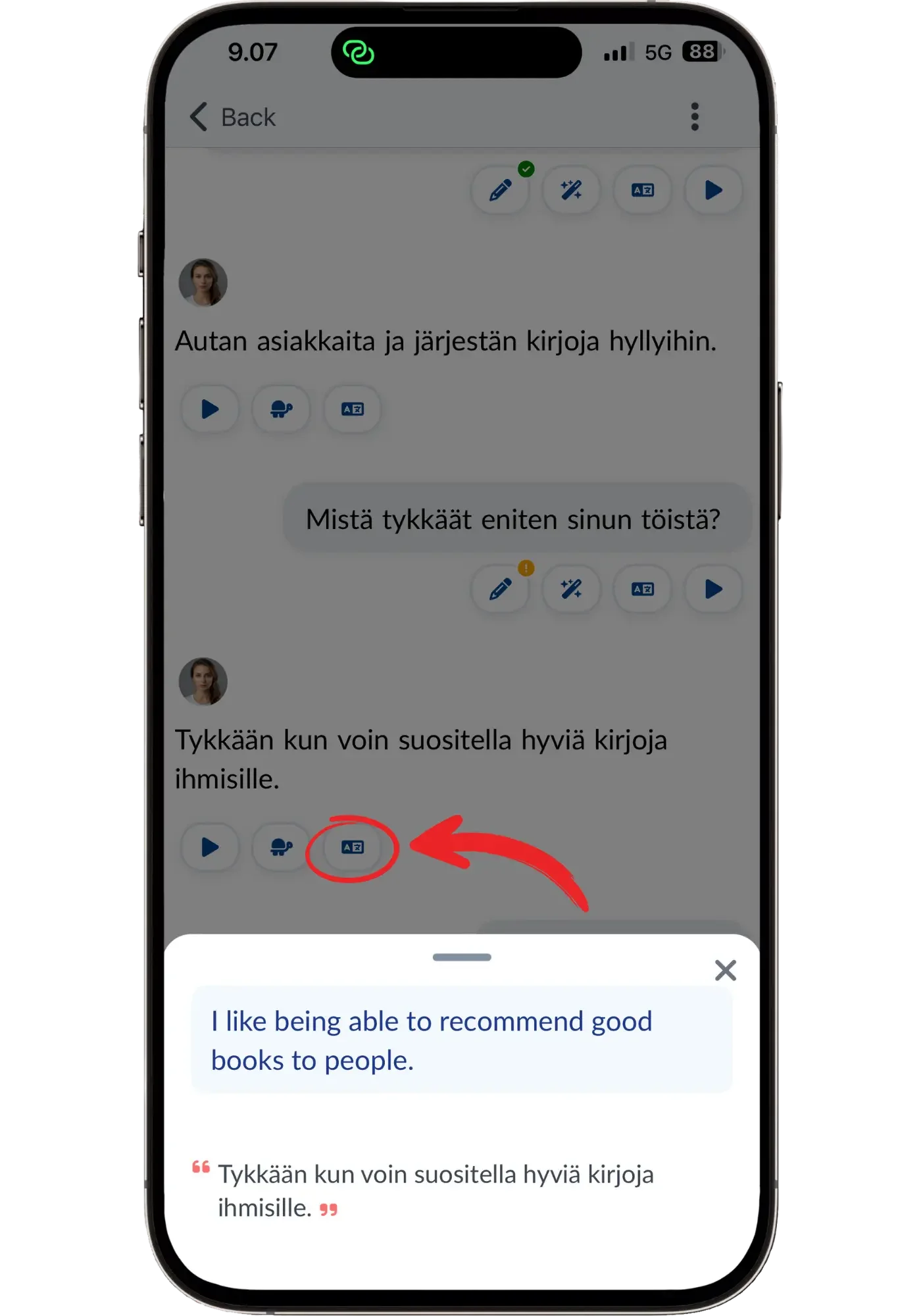 Langua translating a Finnish sentence into English mid-conversation, opened from the translate icon beneath the AI tutor's message.