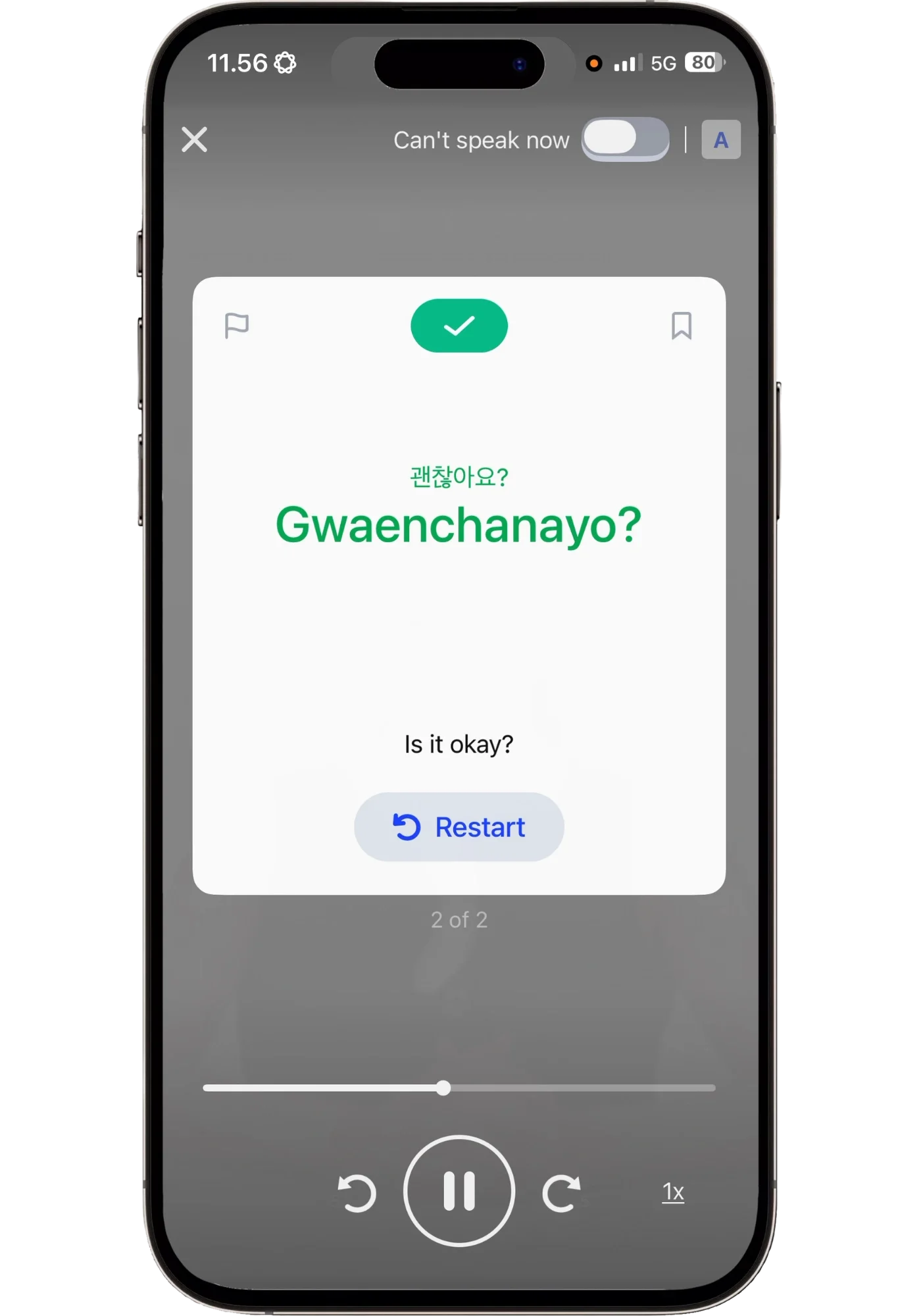 Speak speaking prompt inside the video lesson, showing 괜찮아요? (gwaenchanayo, "Is it okay?") marked correct with a green check