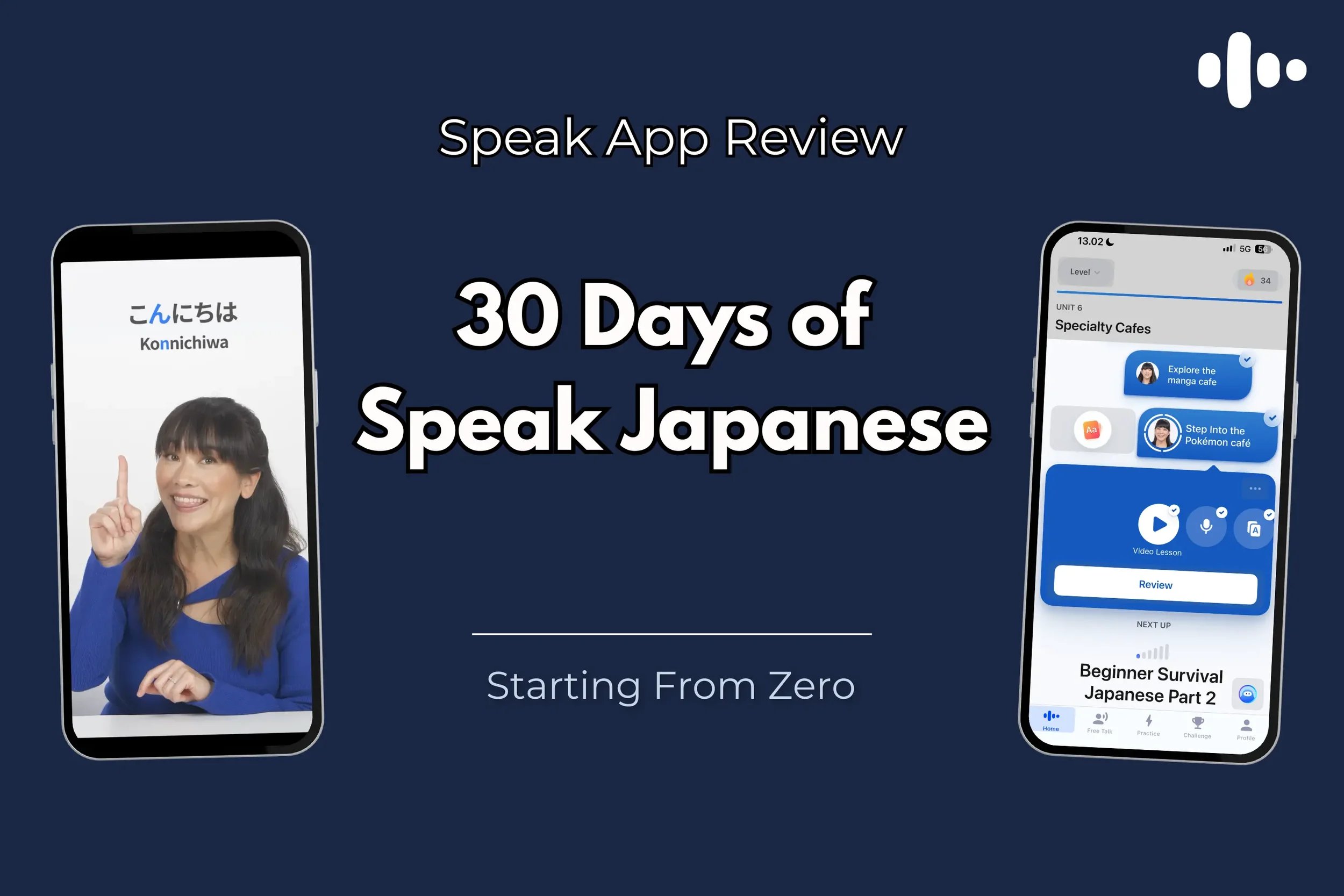 Speak app Japanese review cover showing Yumi-sensei teaching "Konnichiwa" pronunciation and the Specialty Cafes lesson unit featuring the Pokémon café video lesson.