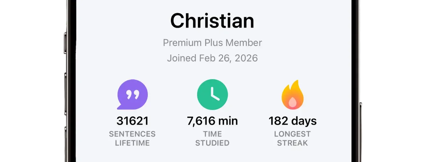 Speak app profile showing 31,621 sentences practiced, 7,616 minutes studied and a 182 day streak since February 2026
