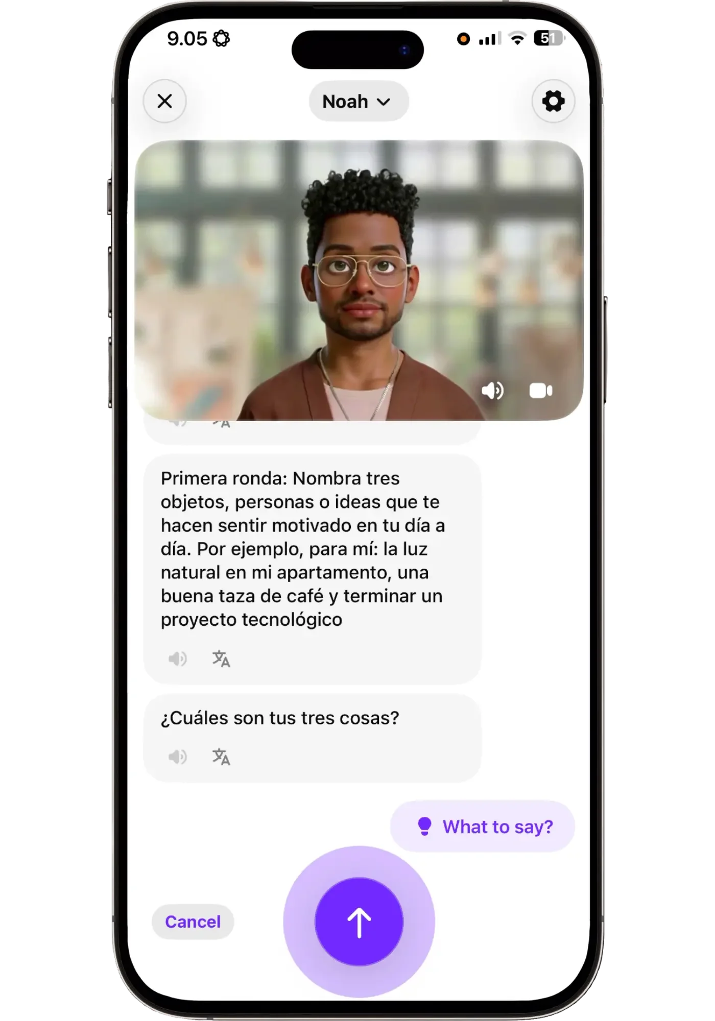 Praktika's tutor Noah opening a Spanish lesson with a naming activity, giving his own three examples before asking for the user's.