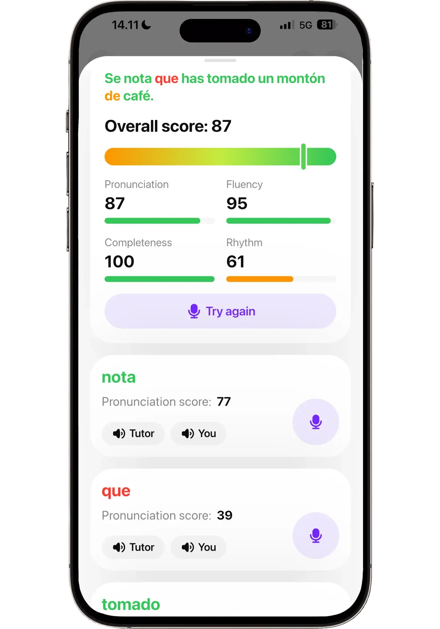 Praktika's pronunciation summary for a Spanish sentence, with separate pronunciation, fluency, completeness, and rhythm scores.