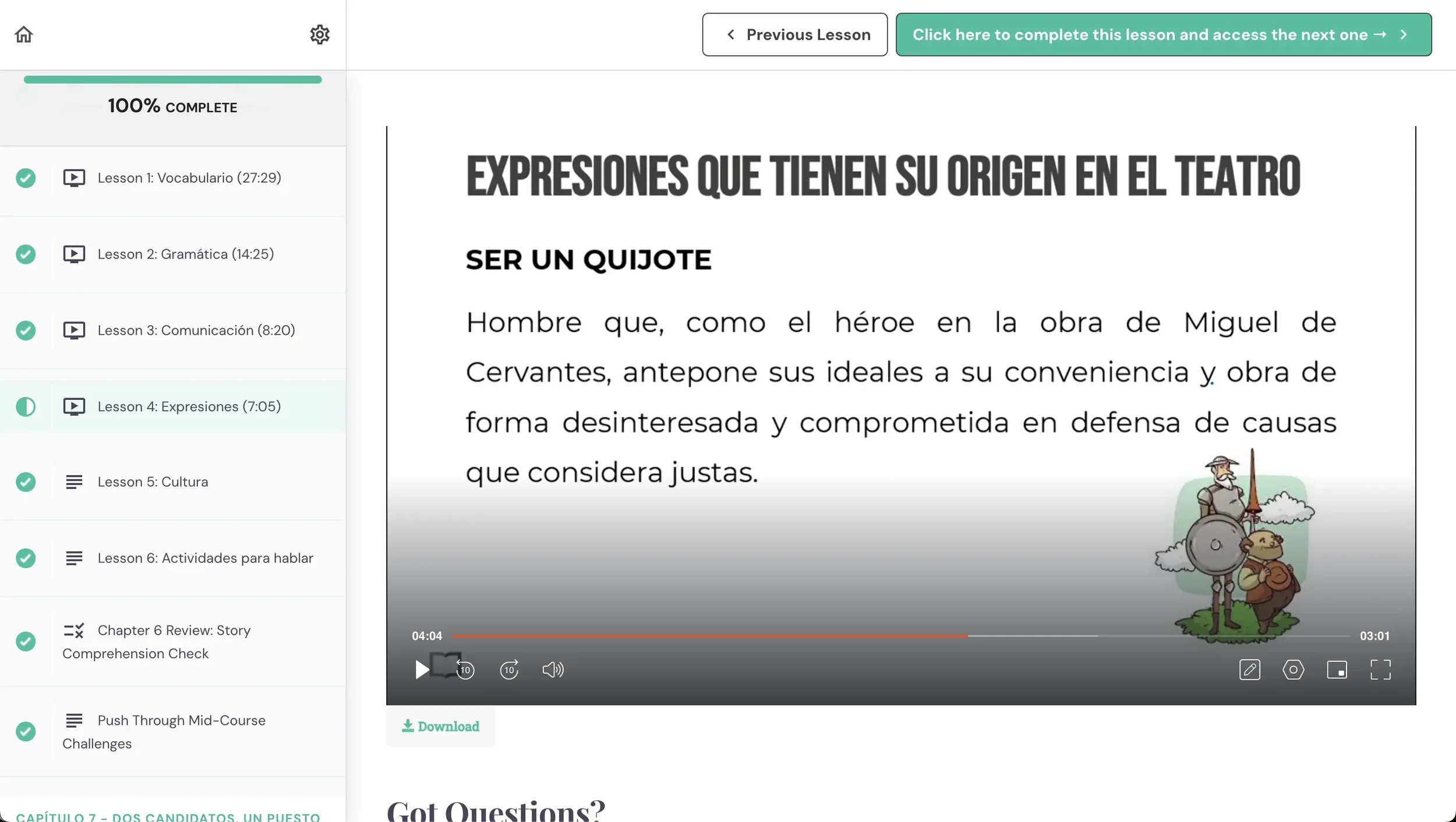 A Spanish Uncovered Advanced Expressions video lesson explaining the phrase "ser un Quijote," shown in Spanish with a Don Quixote illustration.