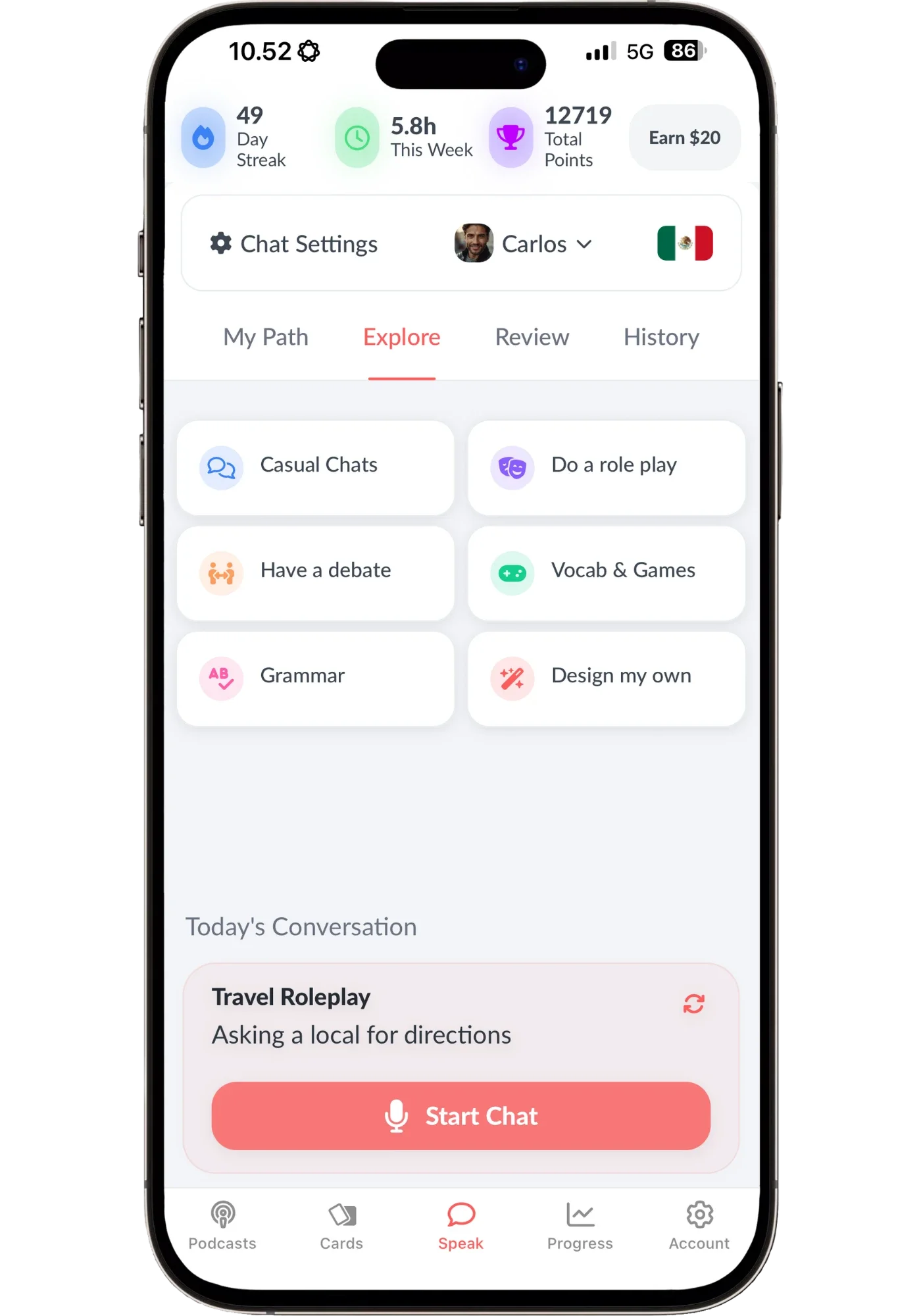 Langua's Explore tab with six conversation types: casual chats, role-play, debate, vocab and games, grammar, and design your own, plus a suggested conversation of the day.