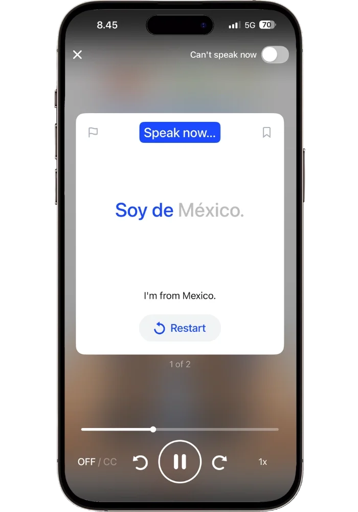 Speak app prompting the user to say "Soy de México" out loud — one reason Speak is the best AI speaking app for beginners learning Spanish